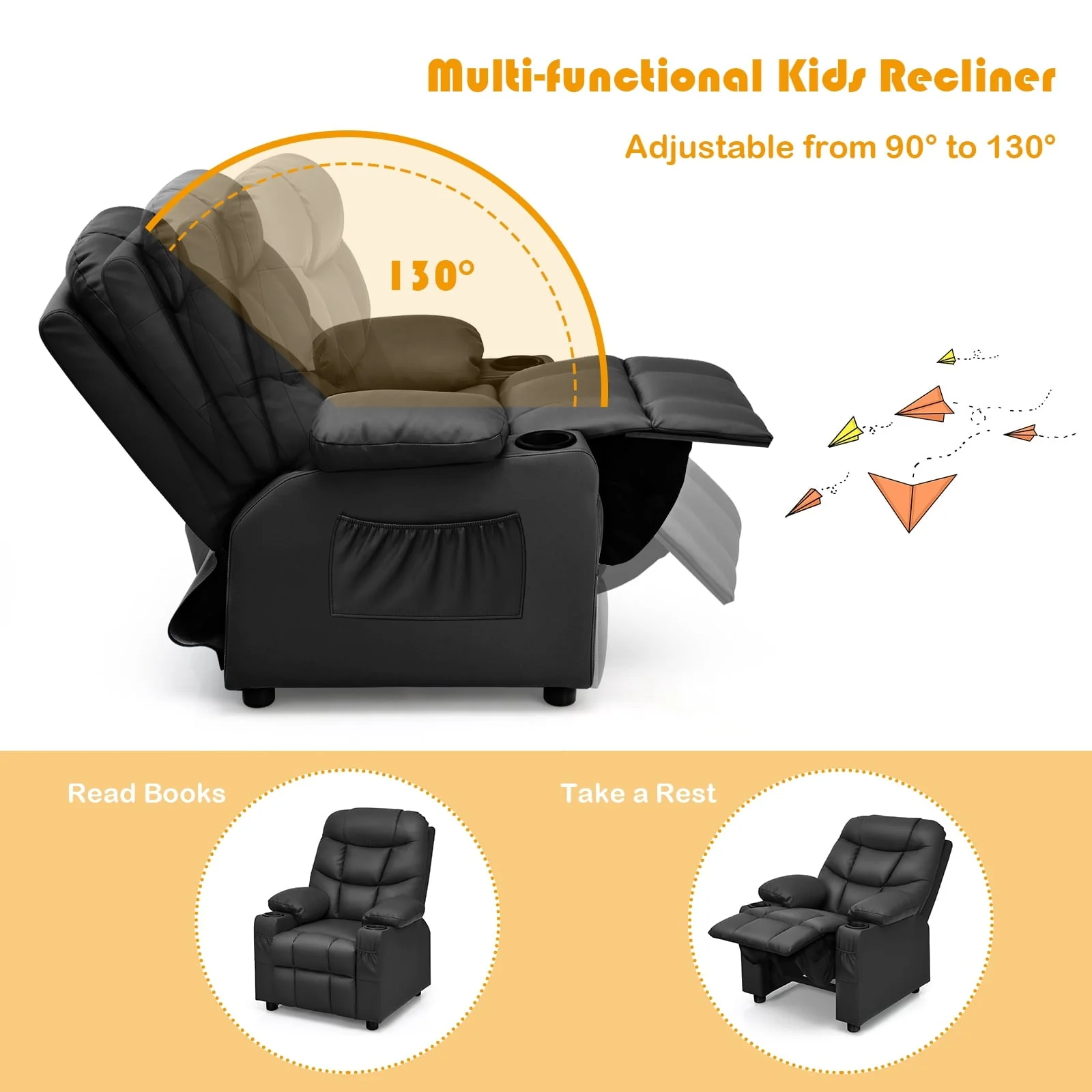 Infans Kids Youth Recliner Chair PU Leather w/Cup Holders & Side Pockets Black - Image 3
