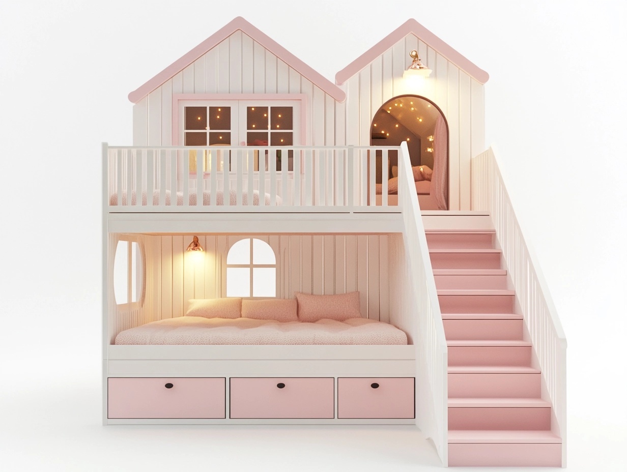 Litera infantil tipo casa con escalera de madera para dormitorio rosa 220x160x120 cm diseño divertido y almacenamiento