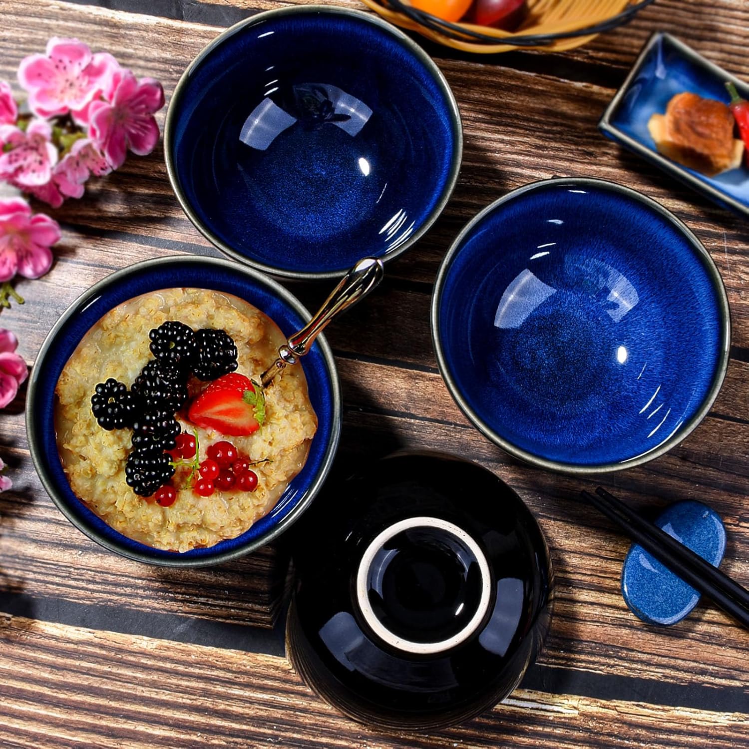 Ceramic Rice Bowl Set of 4 Blue Cereal Bowls for Soup Rice Oat Microwave and Dishwasher Safe