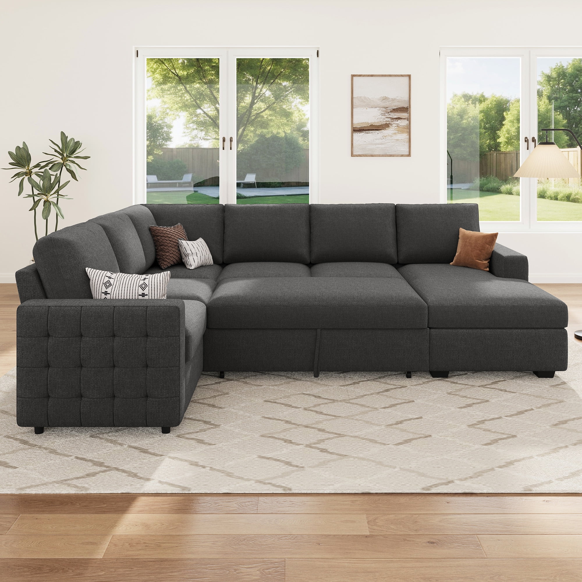 HONBAY Modular Sectional Pull-Out Sofa Bed with Storage Velvet U-Shaped Convertible Sleeper Sofa for Living Room, Blue - Image 50