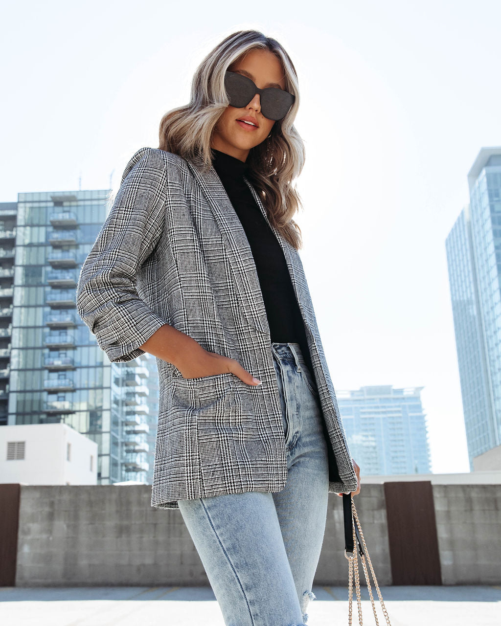 Oxnard Pocketed Houndstooth Blazer - Se7enfashion