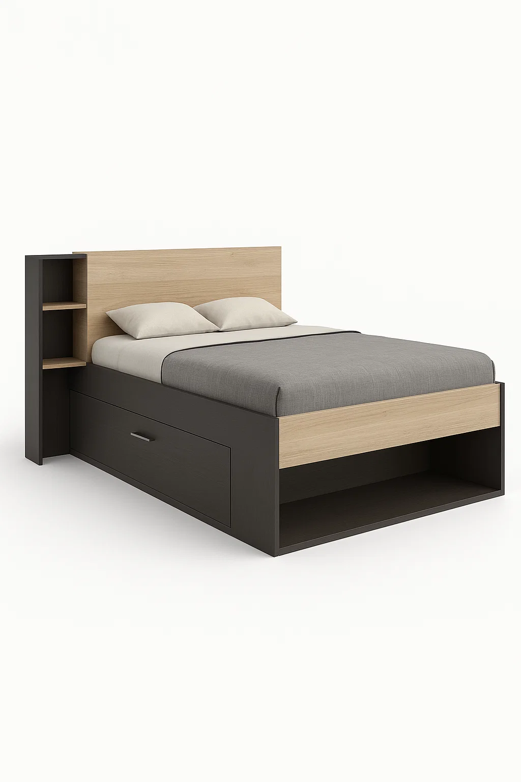 Cama doble con almacenamiento integrado y librería lateral en acabado roble y antracita