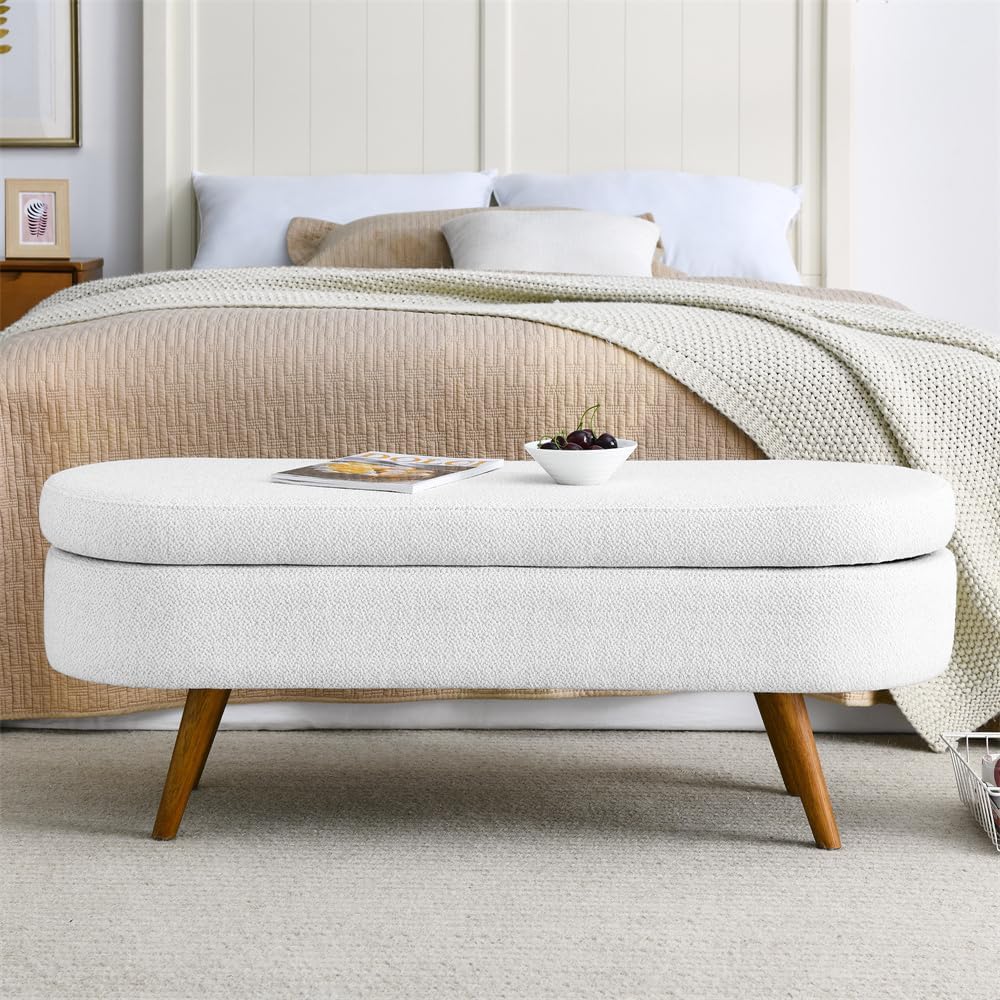 Sumdeal 43.5" Storage Ottoman Bench with 250lb Seating, Linen Upholstered Wood Legs Safety Hinge Flip Top Oval Foot Rest Long Stool for Sofa Couch Bedroom End of Bed Living Room Entryway, White - Image 2