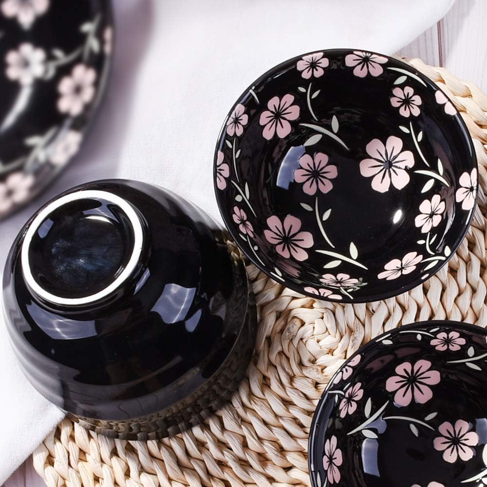 Japanese Style Rice Bowl Set of 4 Ceramic Cereal Bowls for Soup Snack Oat (4, Black Sakura)