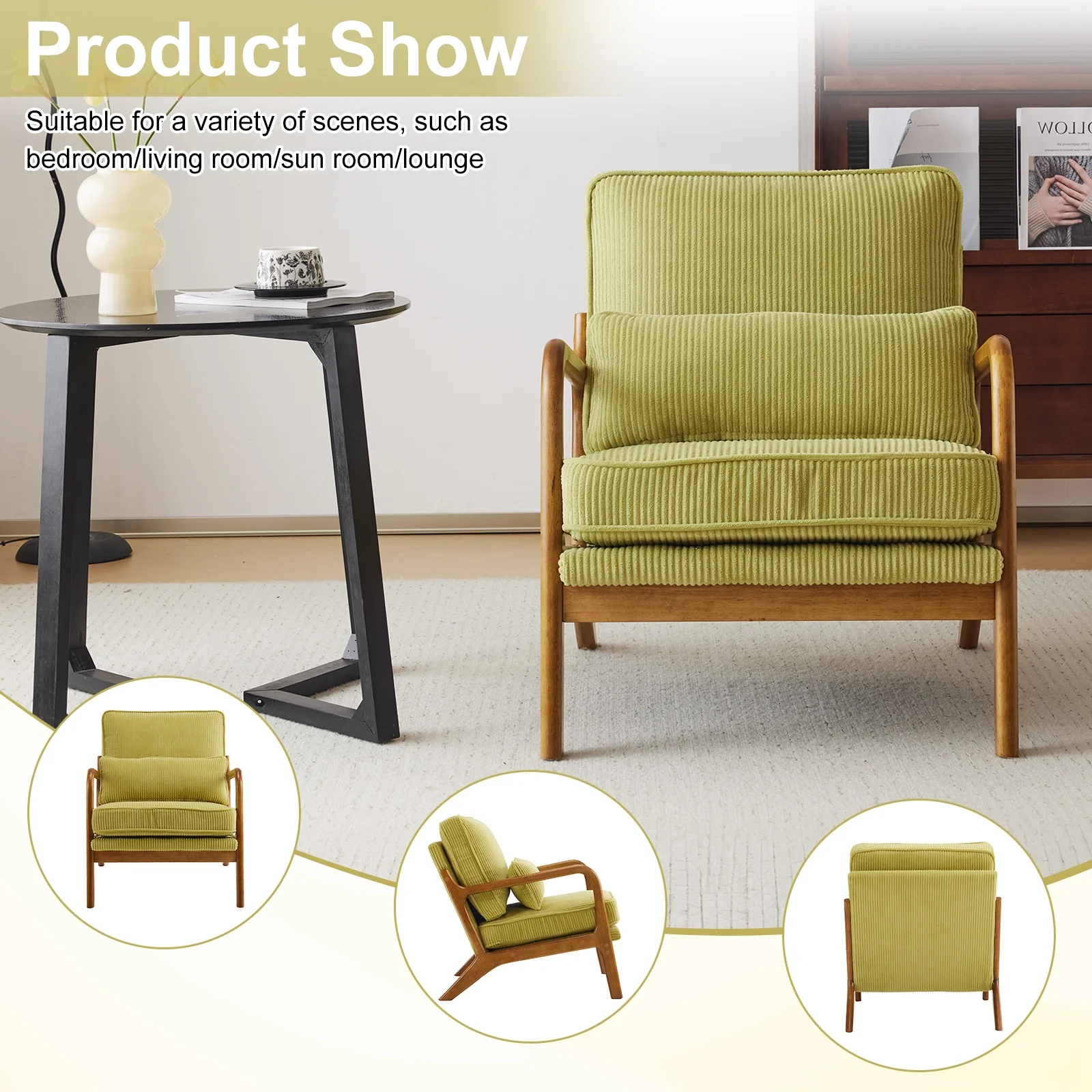 Ktaxon Accent Chair Corduroy Upholstered Armchair, Reading Club Chair with Pillow and Solid Wood Frame for Living Room Bedroom Furniture Off White - Image 131