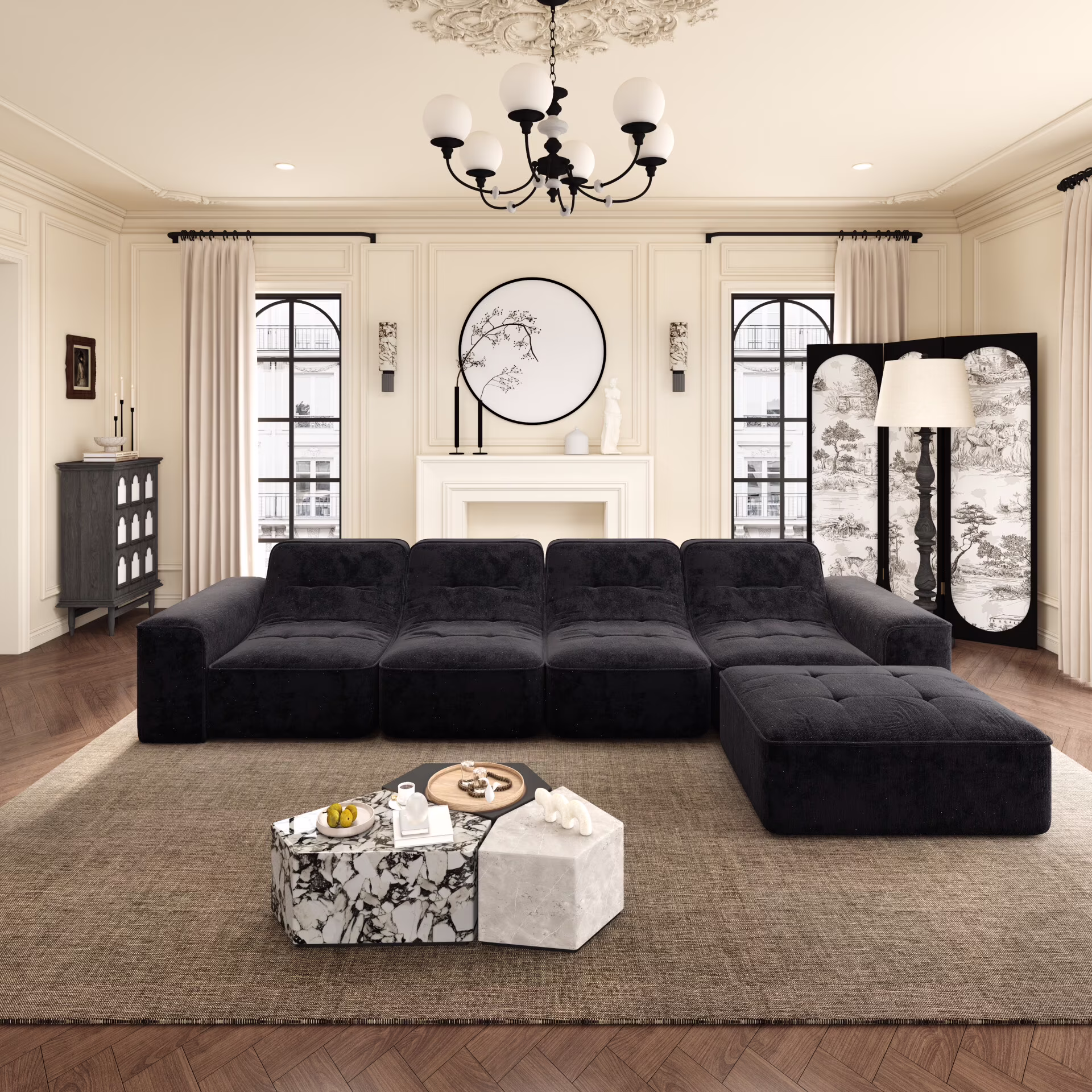 144" Oversized Modular Sectional Sofa, Deep Seat Chenille Cloud Couch with Chaise, L - Shaped Sparkling 5 Seat Sofa Couch for Living Room, Black(Black)