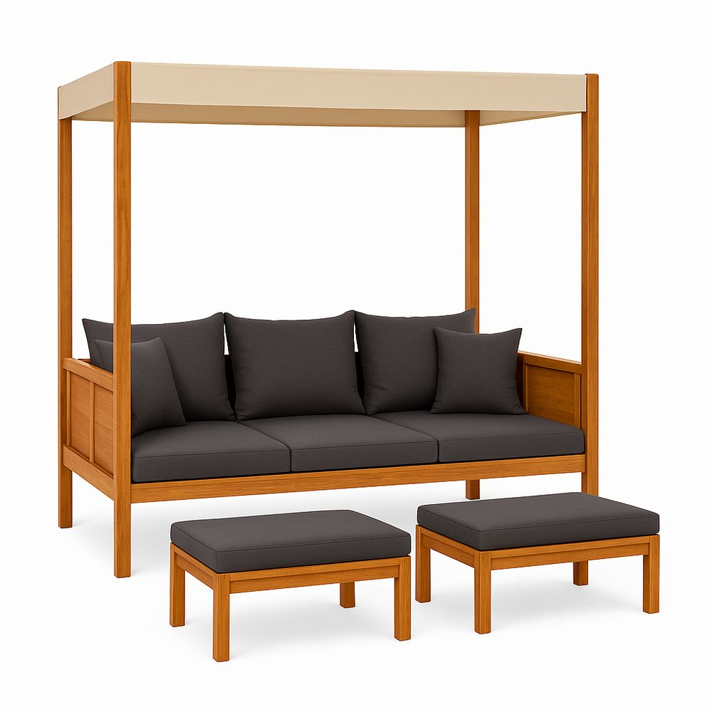 Sofá de configuración modular de jardín con dos sillones y mesa, estructura de madera, cojines acolchados, color marrón oscuro, estilo contemporáneo