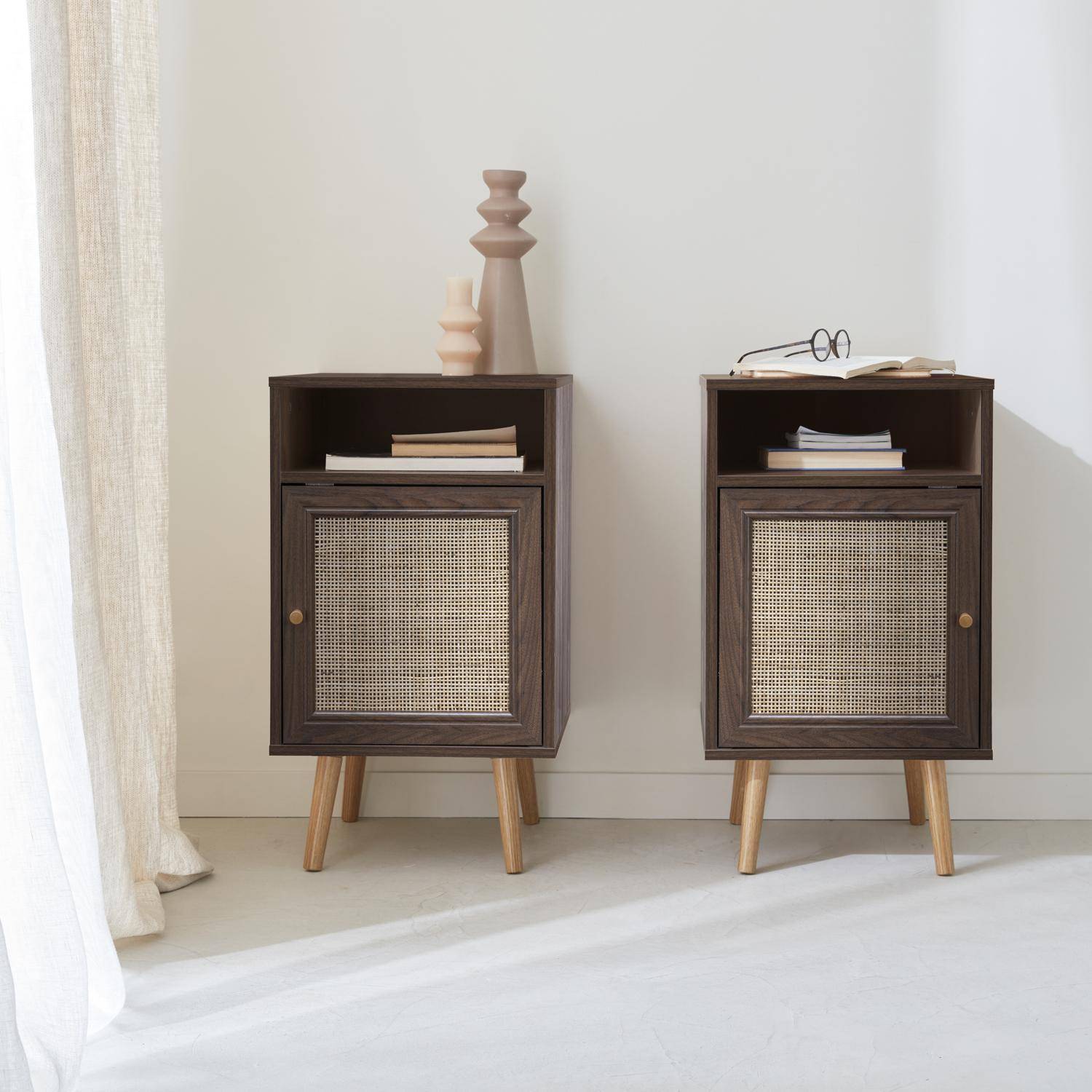 Boheme - Mesita de noche escandinava con efecto madera y caña, set de 2