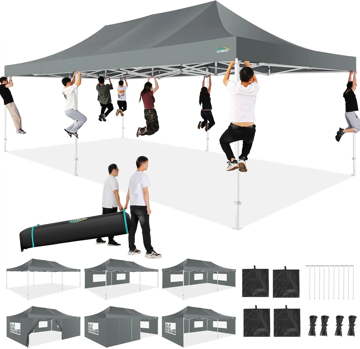 COBIZI 10x20 Heavy Duty Pop up Canopy Tent with 6 sidewalls Easy Up Commercial Outdoor Canopy Wedding Party Tents for Parties All Season Wind & Waterproof Gazebo with Roller Bag,Black(Frame Thickened)