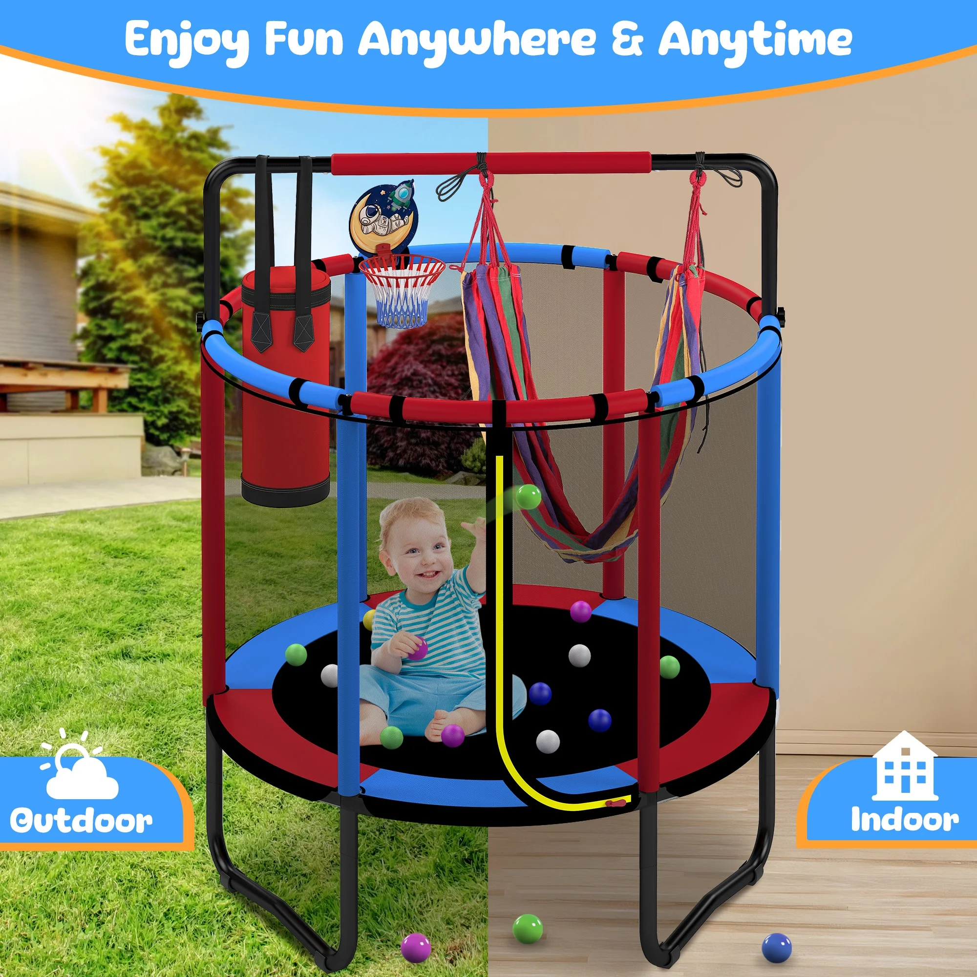 Mini Round Trampoline for Kids with Basketball Hoop, SEGMART 55'' Indoor Outdoor Toddler Trampoline with Enclosure Net, Swing, Sandbag, Ring, Ocean Balls, Small Trampoline Gift for Boys Girls, Blue - Image 11