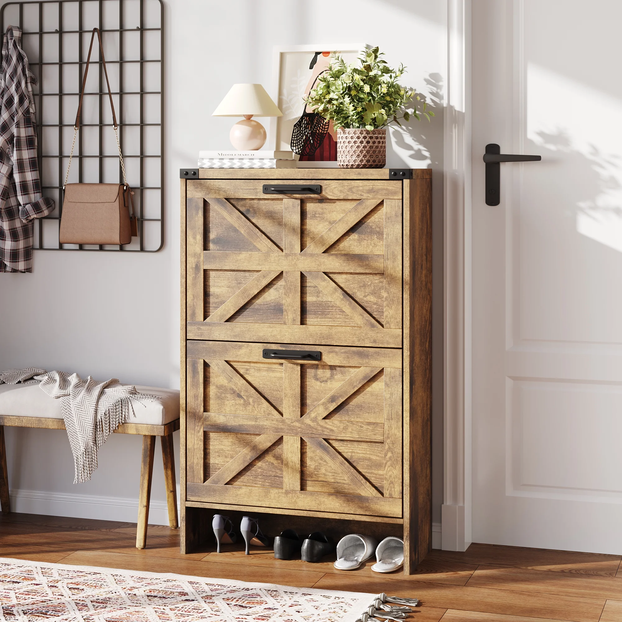 VEANERWOOD Shoes Storage Cabinet With Doors, Farmhouse Shoe Cabinet With 2 Flip Drawers For Entryway,Gray - Image 24