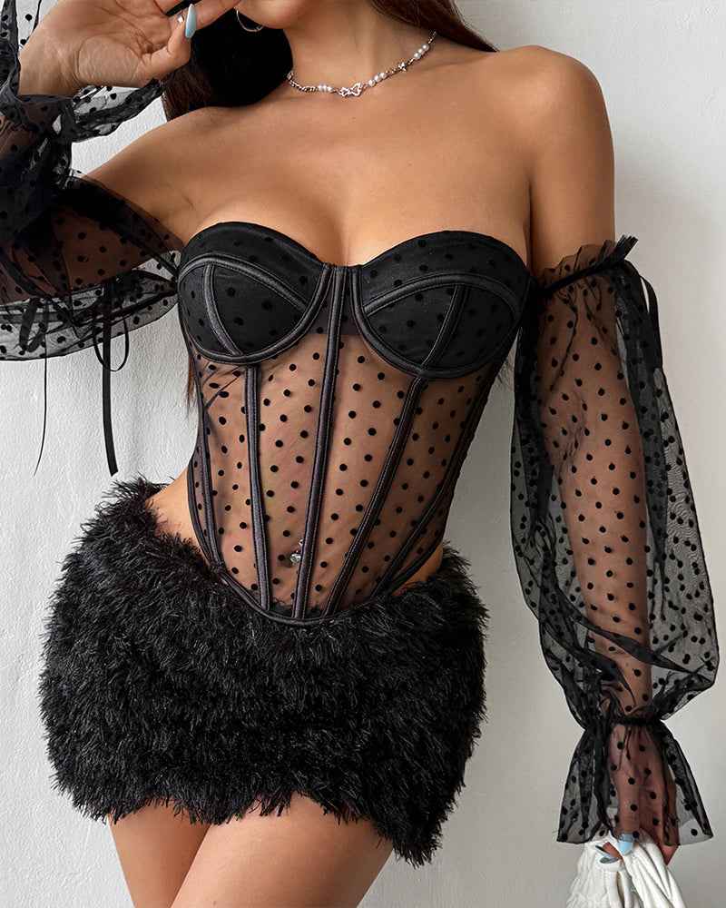 Long Sleeve Polka Dot Off-shoulder Corset