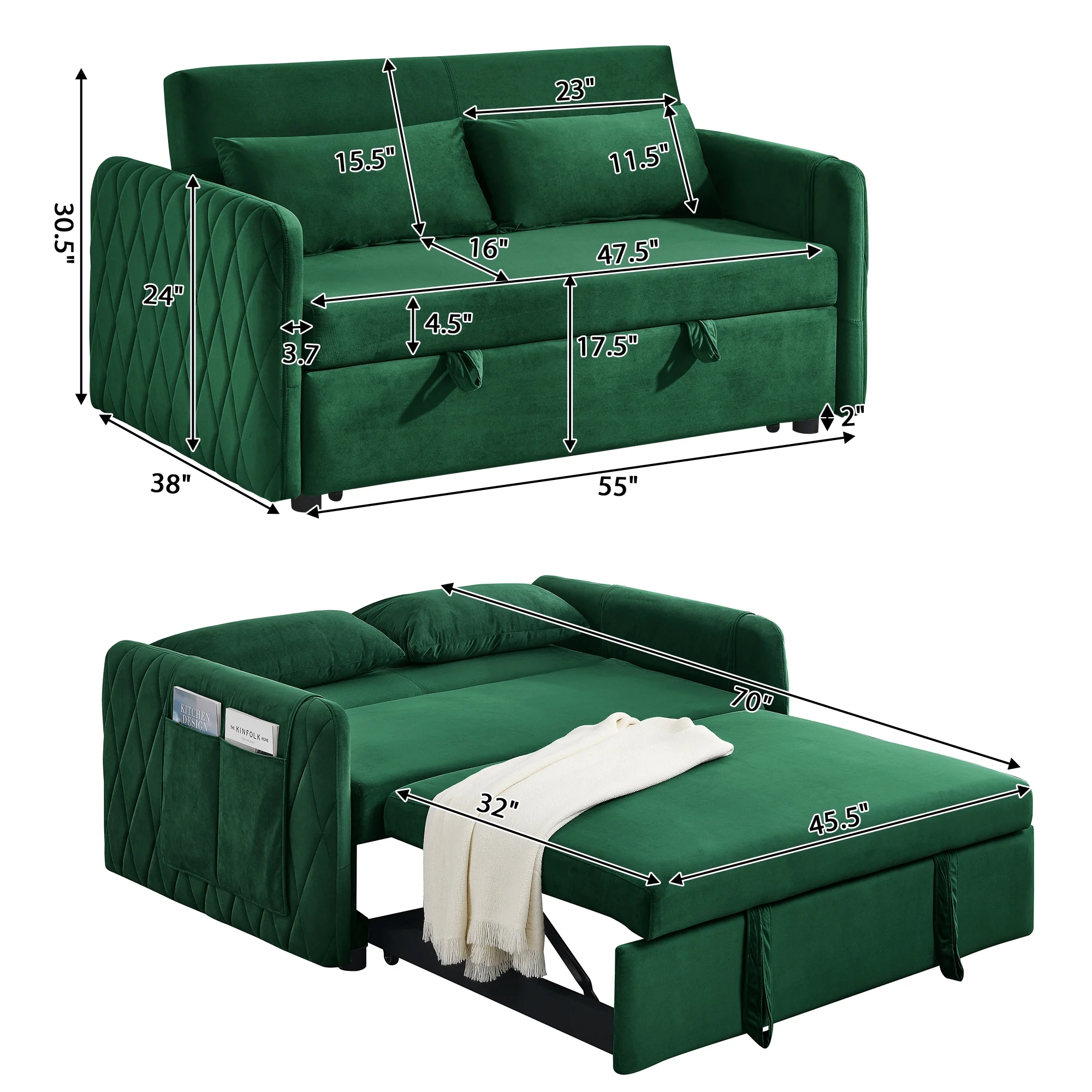 Convertible Sofa Bed,3 in 1 Sleeper Sofa with 2 Pillows and Adjustable Backrest for Living Room Office,Black - Image 17