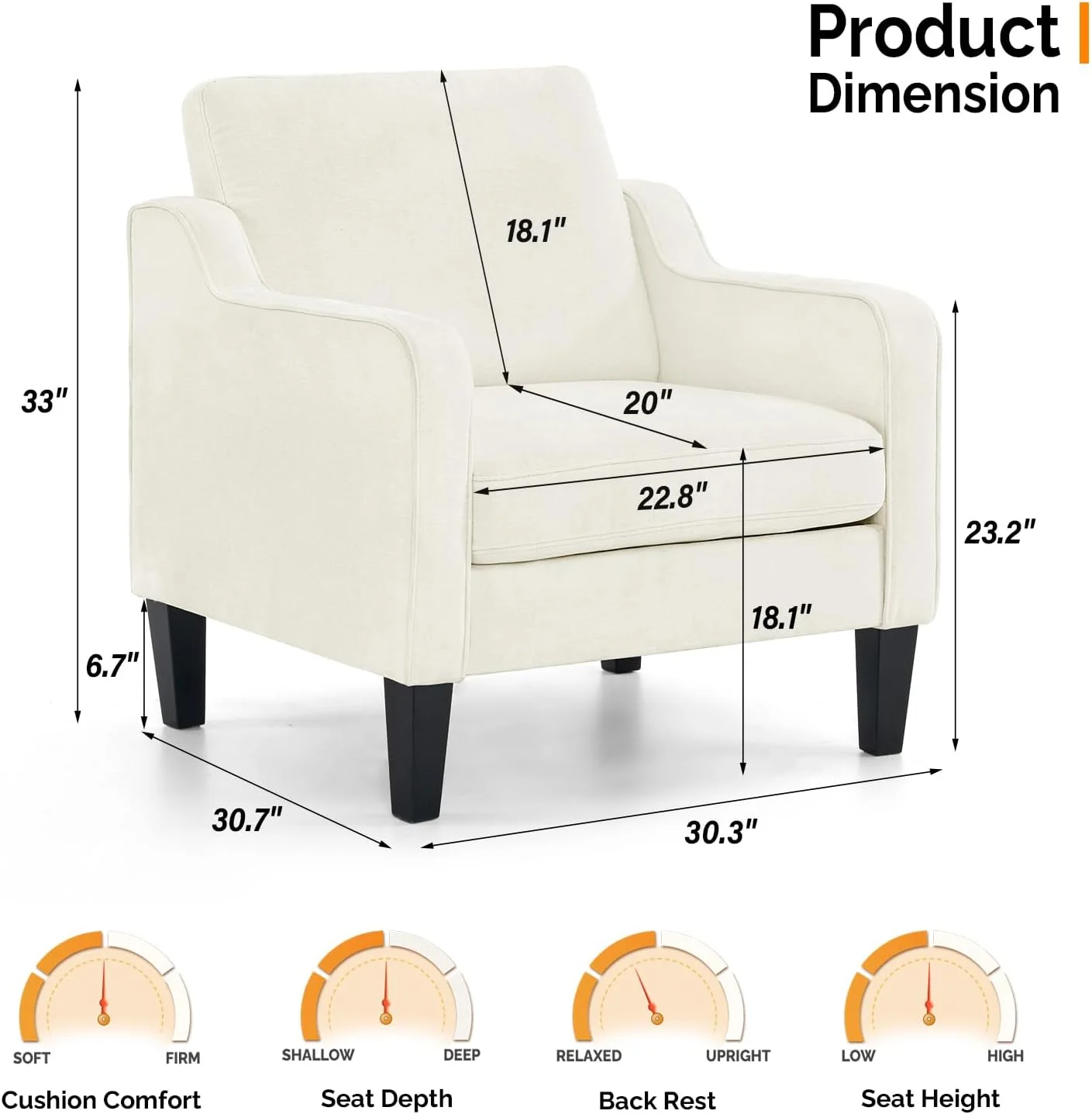 VINGLI Mid Century Modern Chenille Comfy Armchair, Creamy White - Image 10
