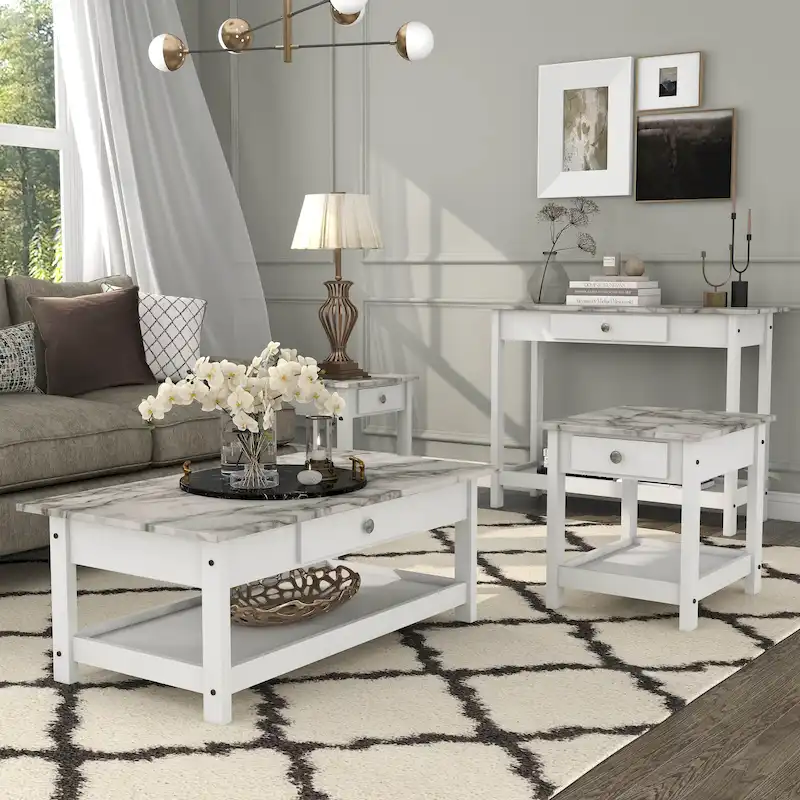 Denhour DH BASIC 4-Piece Open-Shelf Coffee Table Set with Drawer in Transitional Rubberwood