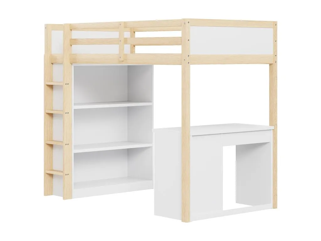 Cama alta 90 x 200 cm con armario y escritorio para ordenador - madera maciza y MDF - natural y Cosinor (sin colchón) bte3459981
