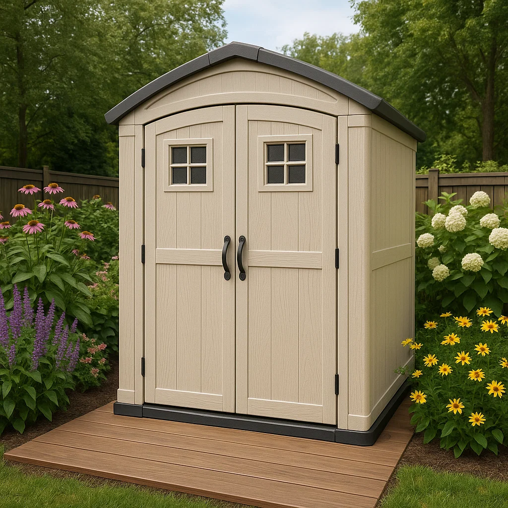Caseta de jardín, caseta beige de resina para exterior, 170x150x215 cm lWkQgxP203EB