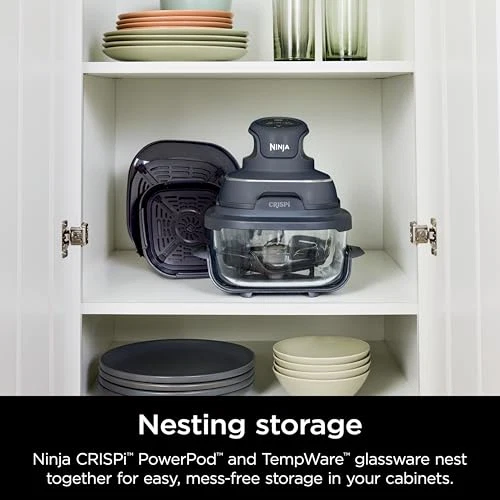 4 in 1 Portable Glass Air Fryer Cooking System, 4QT & 6 Cup Glass Containers with Storage Lids, Easy Meals, Microwave, Freezer & Dishwasher Safe, Air Fry, Bake & More, Cyberspace, FN101GY