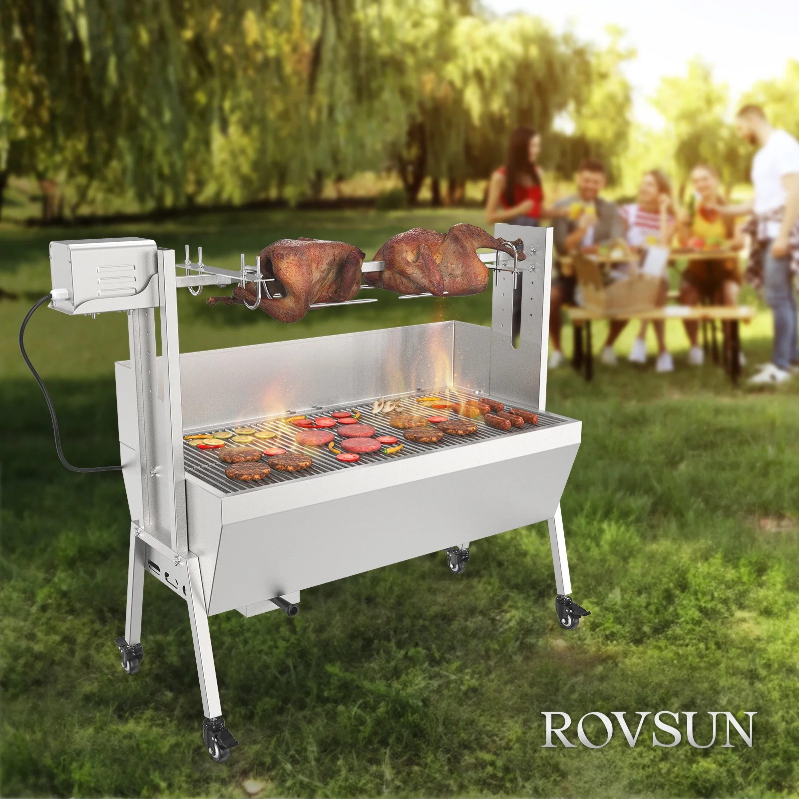 RovSun 46 Electric Rotisserie Grill 176 lbs Capacity 25w Pig Lamb Spit Roaster Rotisserie w/Lockable Wheels Wind Baffle with Adjustable Height