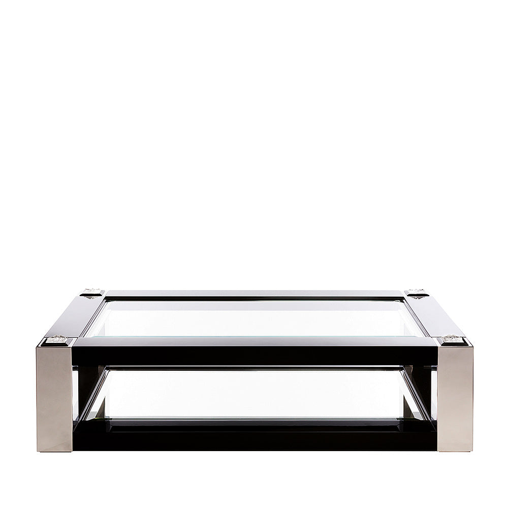 TABLE BASSE MASQUE DE FEMME - CRISTAL INCOLORE, LAQUÉ NOIR ET ACIER POLI