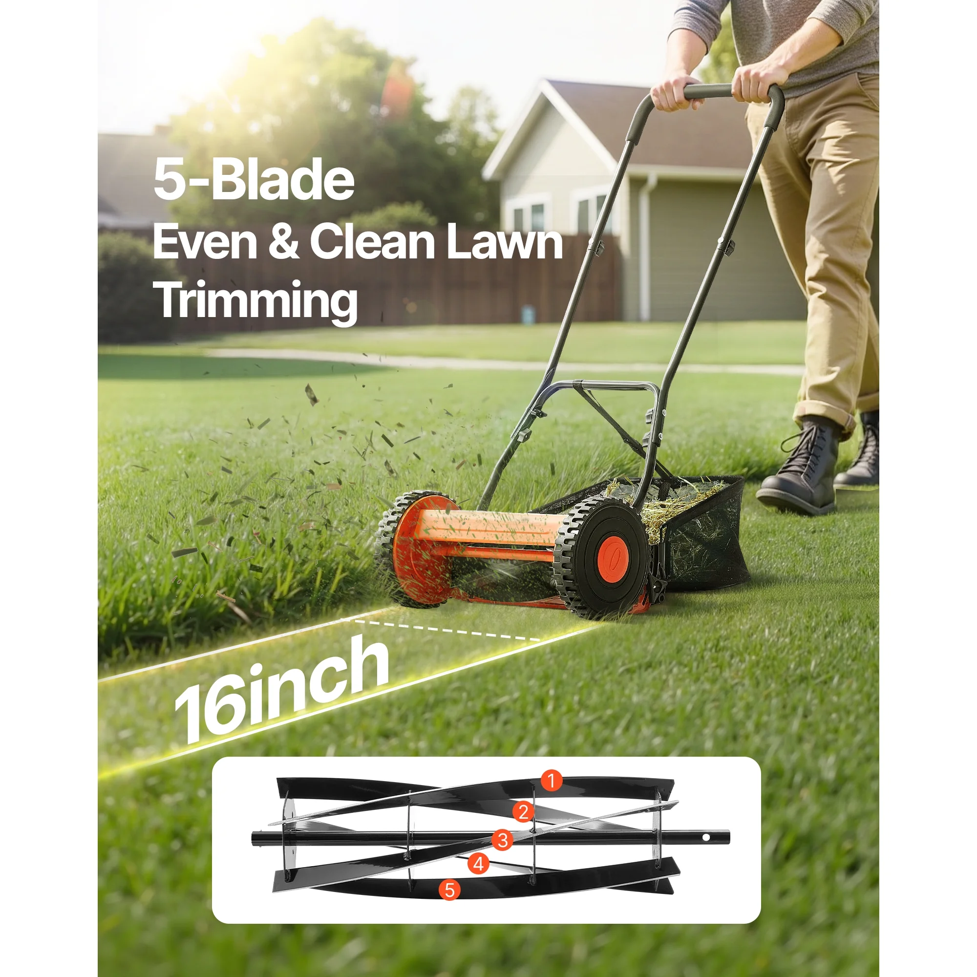 KFFKFF 16-Inch Manual Push Reel Lawn Mower, 5-Blade Design, Adjustable Cutting Height from 0.6 to 1.75 Inches, Walk-Behind Mower with Grass Collection Bag for Lawns, Driveways, and Courtyards - Image 5