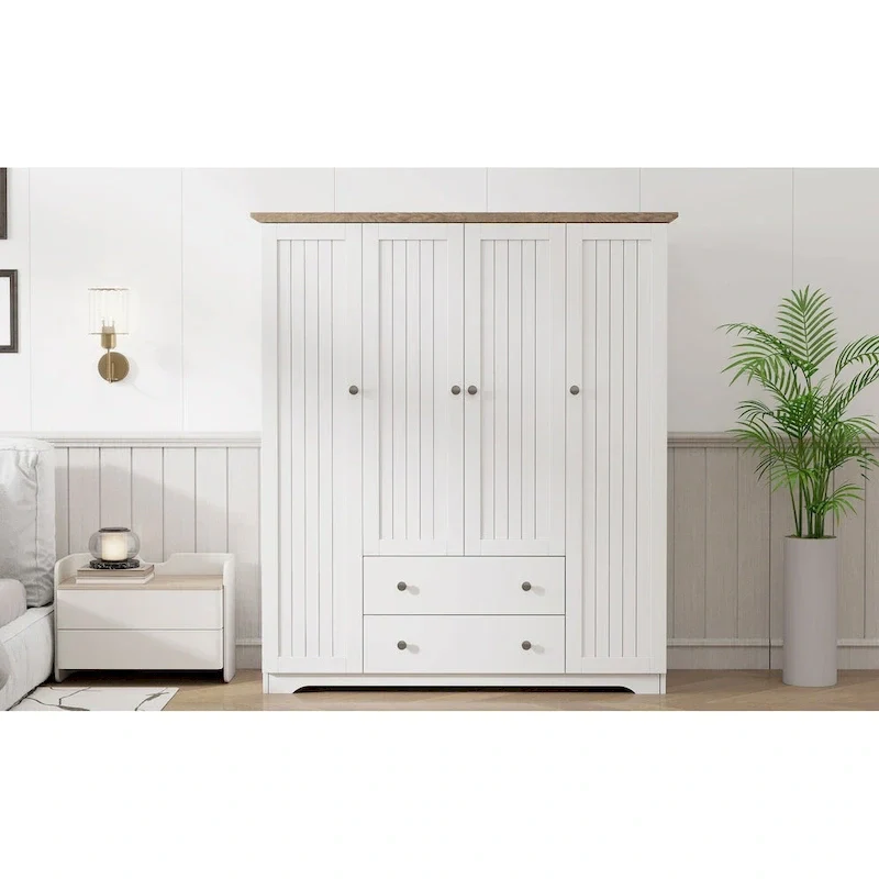Freestanding 4-Door Wardrobe Armoire with 2 Drawers and Hanging Rods for Clothes Storage