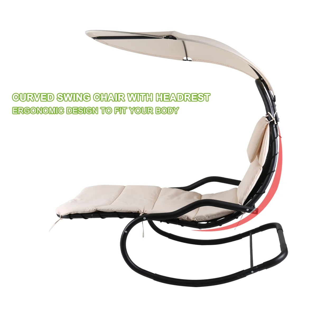 2X Rocking Hanging Lounge Chair - Curved Chaise Rocking Lounge Chair Swing For Backyard Patio w/ Built-in Pillow Removable Canopy with stand {Green} - Image 30
