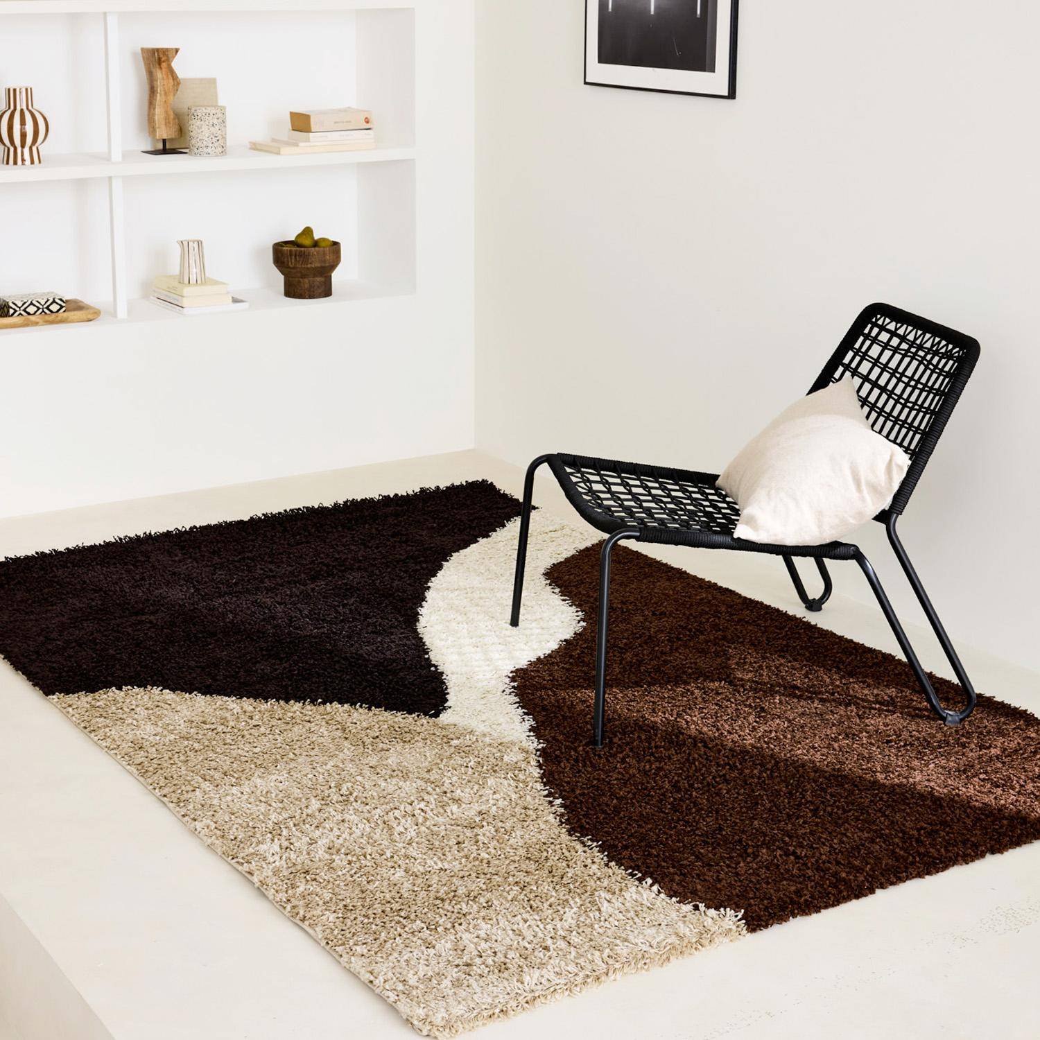 Omar - Alfombra interior shaggy motivos geométricos beige, marrón, negro