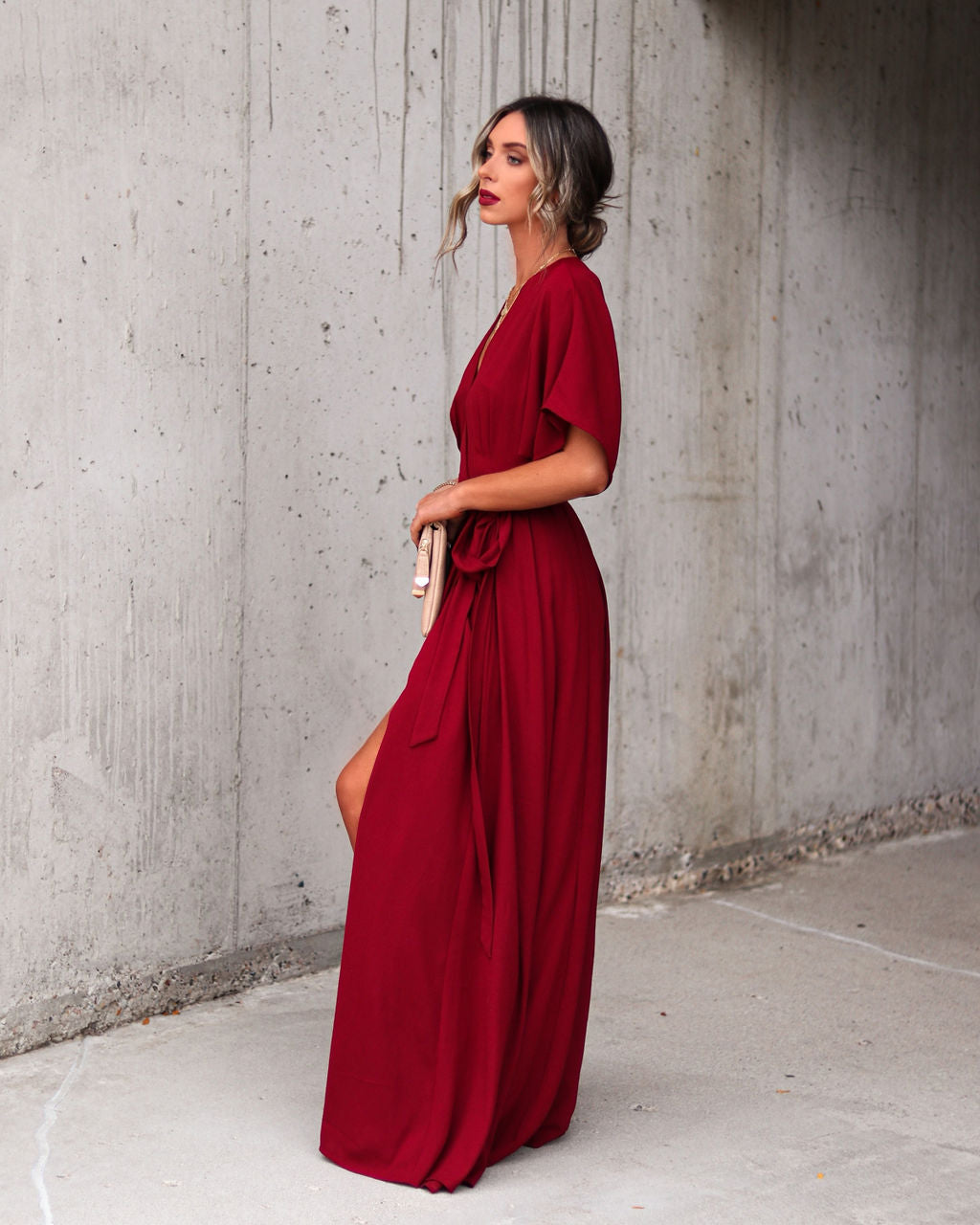 Behati Wrap Kimono Maxi Dress - Burgundy - Se7enfashion