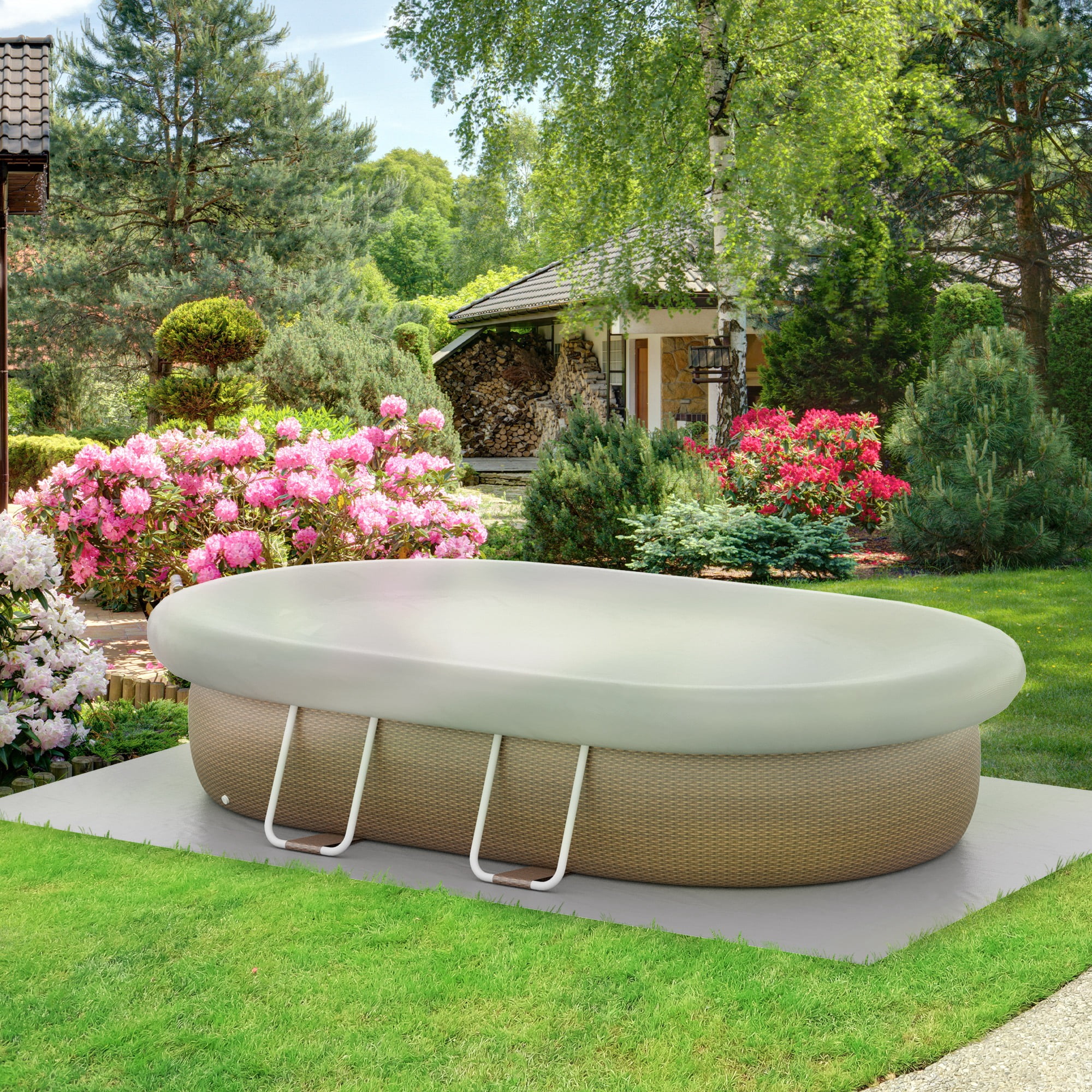 Outsunny Above Ground Swimming Pool, Semi-Inflatable Frame Pool, Brown - Image 9
