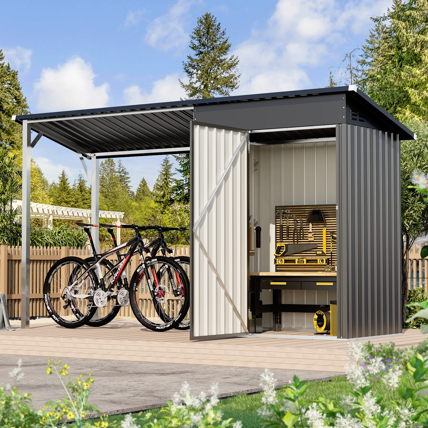 YODOLLA Outdoor Open-Sided Storage Shed, 3x5 Sheds & Outdoor Storage with 15 Sq. Ft Covered, 5x3 Small 2-in-1 Tool Shed with Attached Hardtop Metal Pergola Gazebo - Image 9
