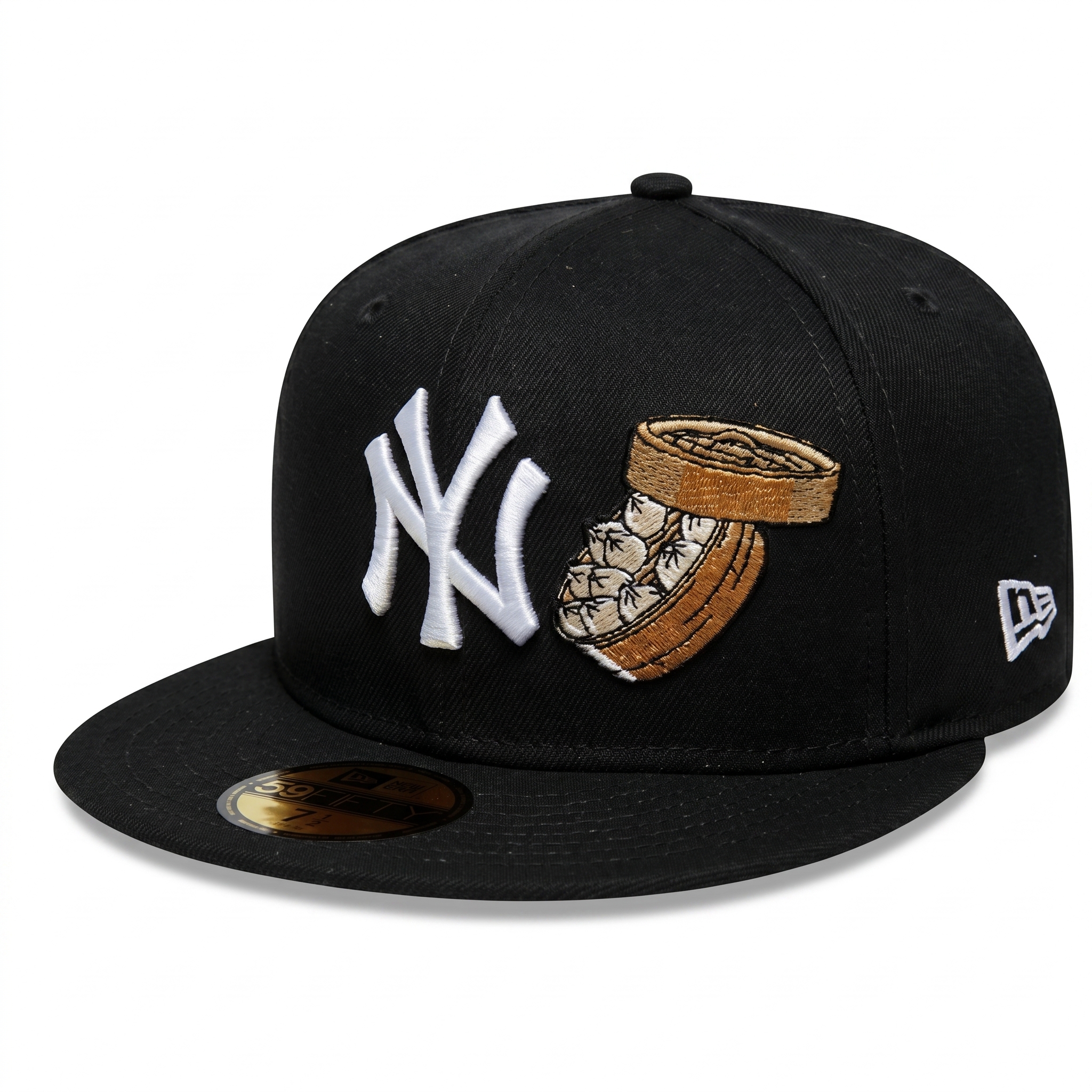 Front right angle of the custom New York Yankees black 59FIFTY fitted hat featuring the classic white NY logo and an embroidered dim sum bamboo steamer.