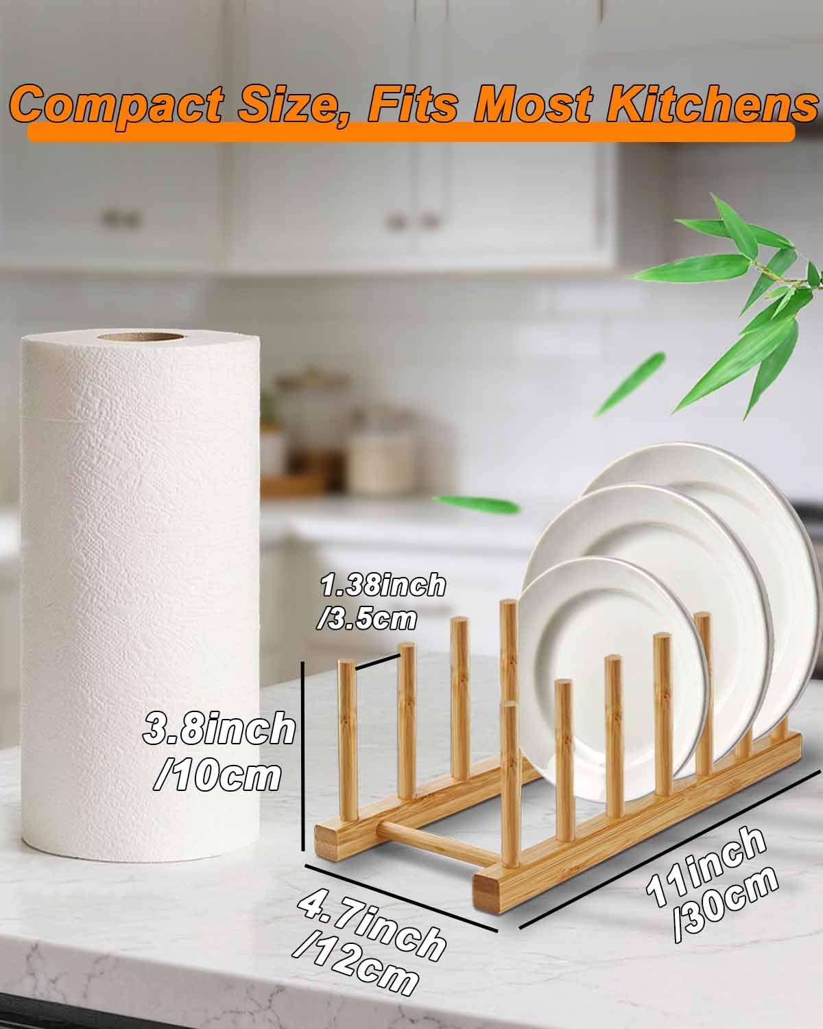 Bamboo Dish Rack, Stylish Vertical Wooden Plate Holder & Drainer, Multi-Purpose Kitchen Cabinet Organizer for Dishes, Pots, Lids, Bowls, Cups & Cutting Boards