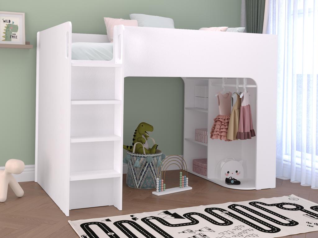 Cama alta 90 x 190 cm con compartimentos - blanco - Con colchón - COLUMI