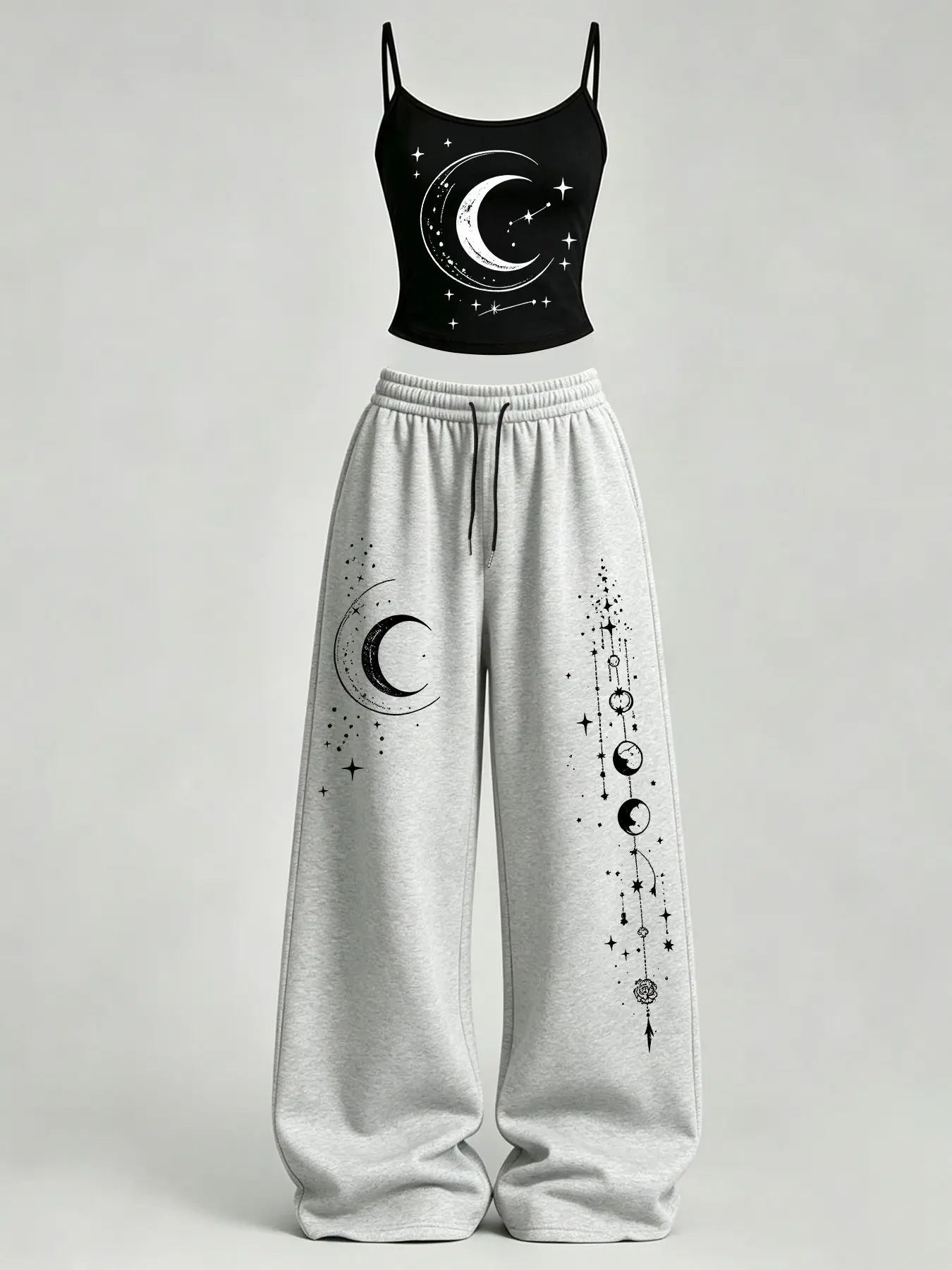 Women's Home Casual, Star Moon Print Slim Fit Tank Top + Loose Pants Set TeeThreads Sustain the Scene with Custom Apparel