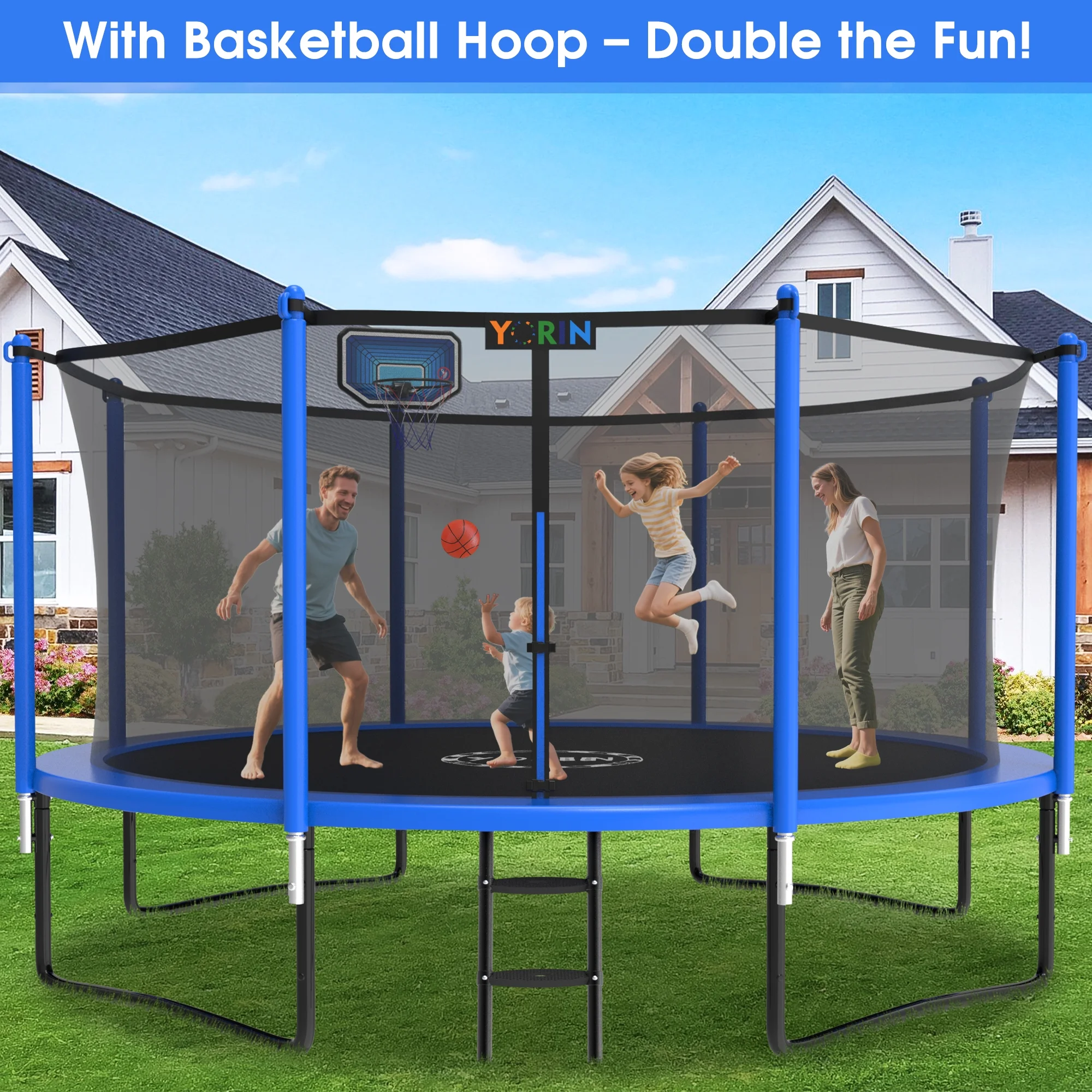 YORIN Trampoline with Trampoline Light, 1200LBS 12FT Trampoline for 5-6 Kids Adults, Recreational Trampoline with Basketball Hoop, Ladder, Galvanized Outdoor Heavy Duty Trampoline - Image 7
