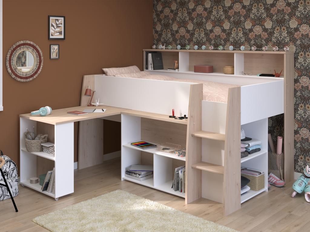 Cama combinada 90 x 200 cm con escritorio y almacenamiento - Blanco y natural + Colchón - APOLINO
