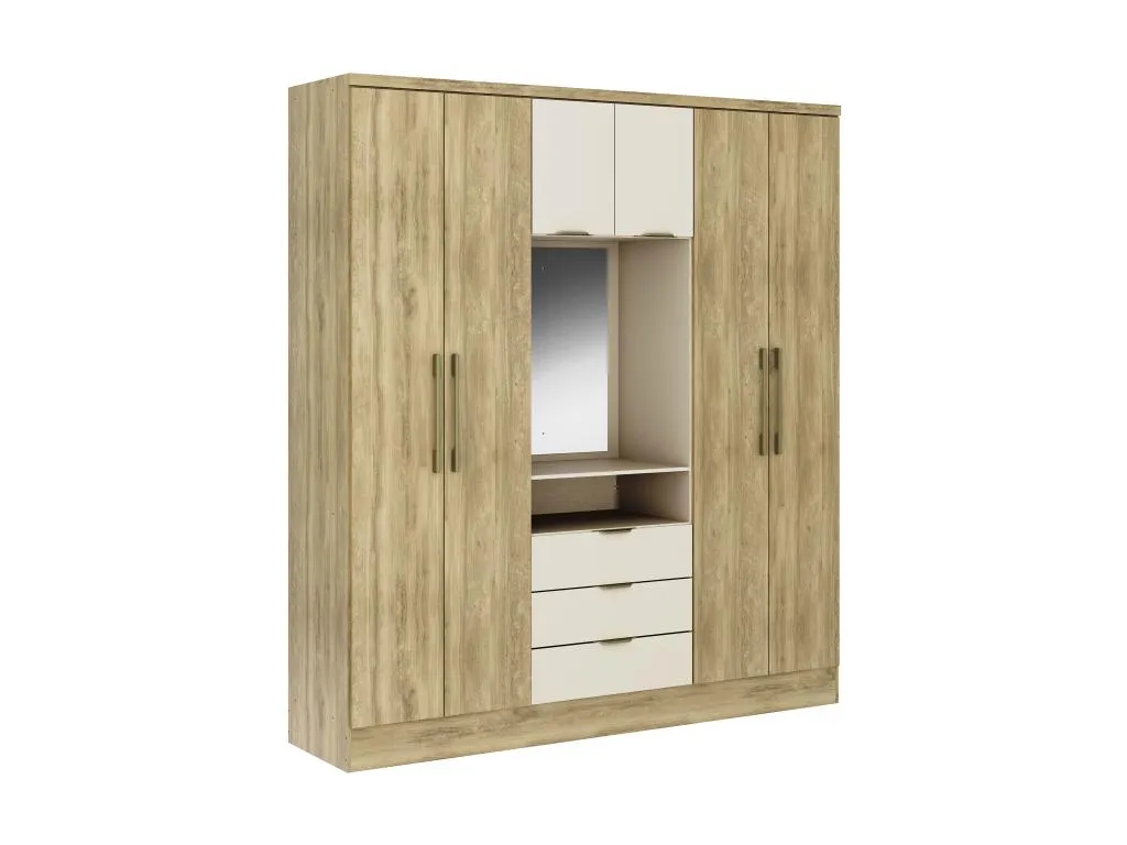 Armario 6 puertas y 3 cajones - Con espejo - 180 cm de ancho - Color - natural y beige - Hogarsens
