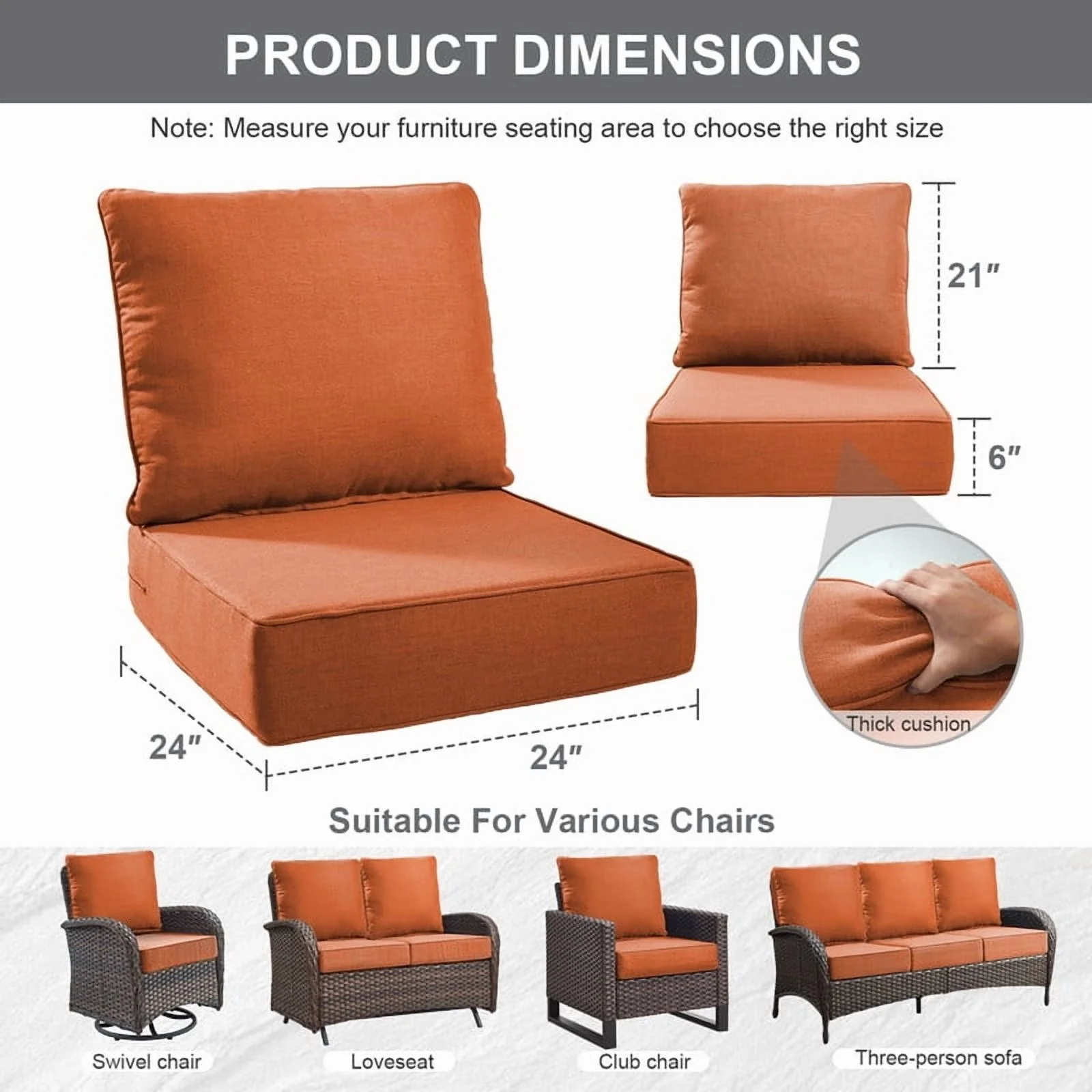 Bellefurn Outdoor Deep Seat Cushion 24 X 24 X 6 inch for Patio Furniture,Outdoor Chair Cushions Waterproof & Fade Resistant Patio Furniture Cushions for Wicker Chair, Sofa, Couch - Image 37