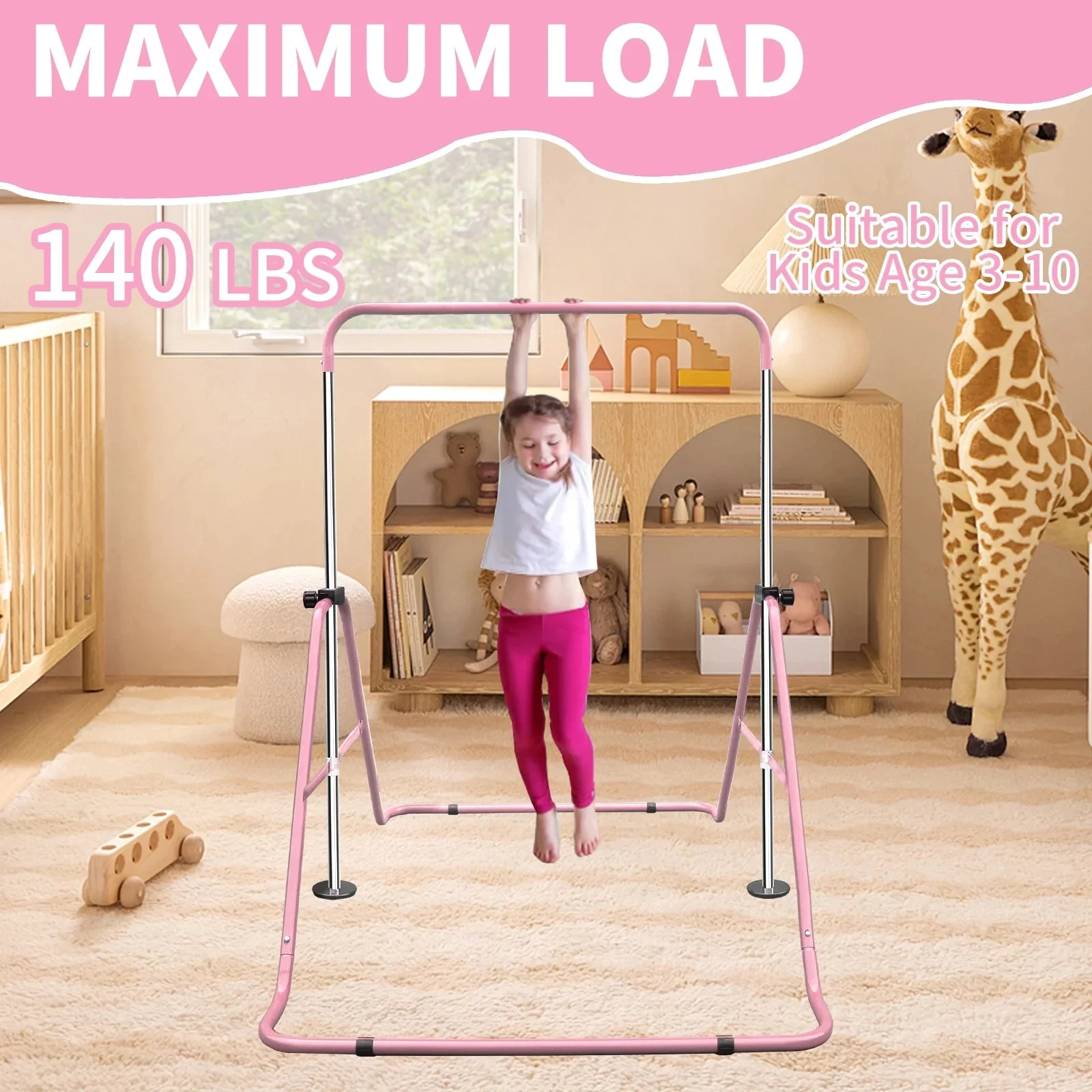 Expandable Gymnastics Bar For Kids, Folding, Height Adjustable 35-51 in, Pink - Image 5 Expandable Gymnastics Bar For Kids, Folding, Height Adjustable 35-51 in, Pink - Image 5