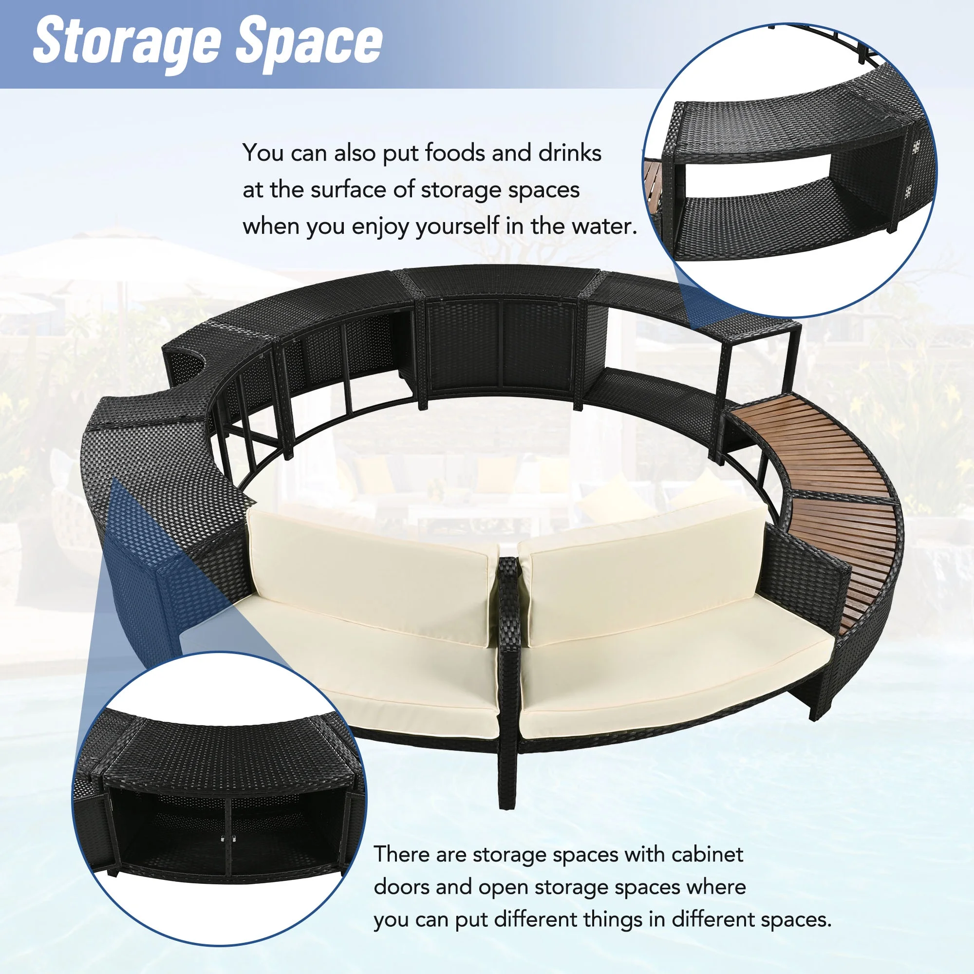 Round Hot Tub Surround Furniture, Spa Surround Outdoor Rattan Sectional Sofa Set with Mini Sofa, Solid Acacia Wood Hot Tub Storage Surround Patio Furniture Set, Gray Cushion - Image 28