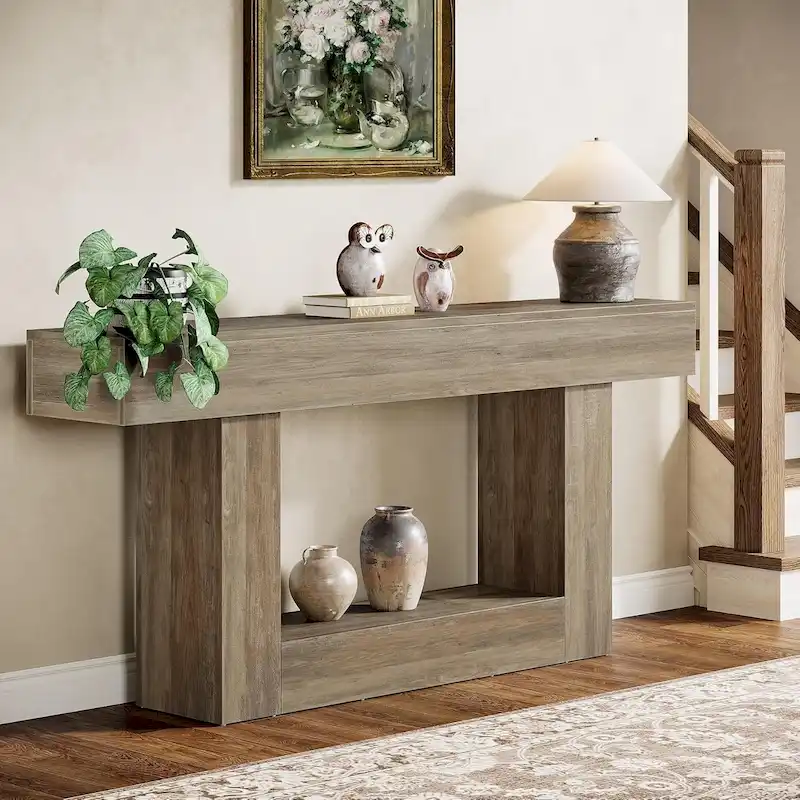 63-Inch Brown and Gray Slim Wooden Console Table for Entryway