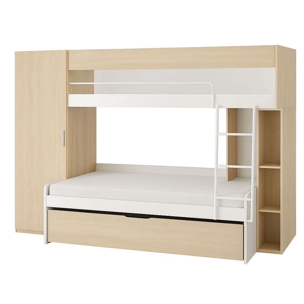 Litera con Escritorio Integrado, Cama de Dos Pisos, Estructura de Madera, Estilo Moderno, Ideal para Habitaciones Pequeñas, Color Madera Clara