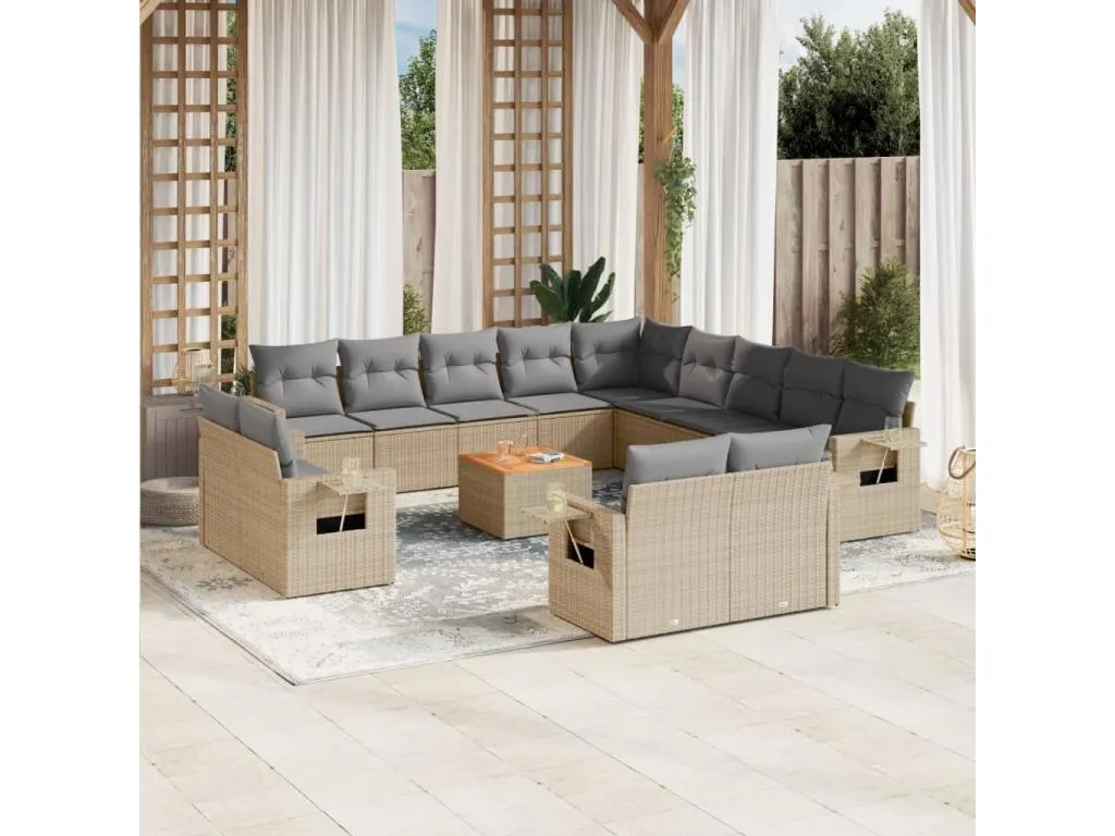 Alkifurniturees Set sofás jardín 14 pzas y cojines ratán sintético beige mezcla USJZ52755