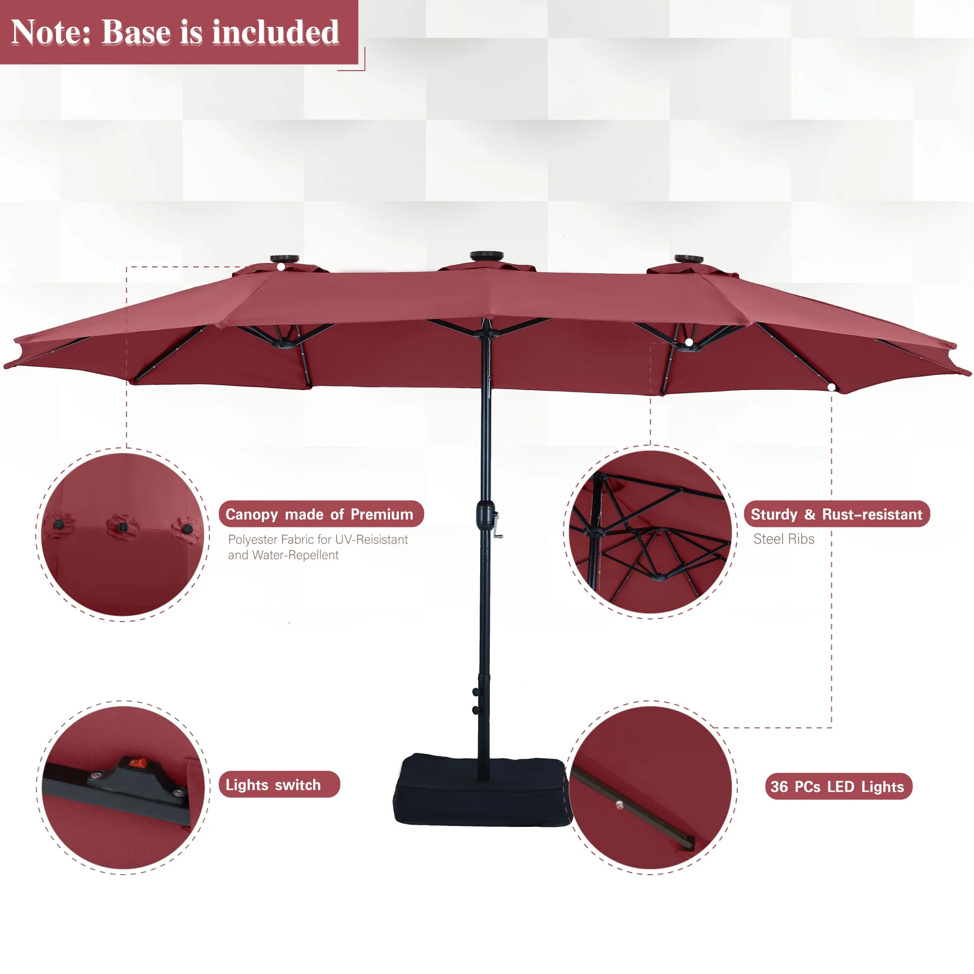 Alpha Joy 15ft Extra Large Outdoor Patio Double-Sided Umbrella with LED Solar Lights & Umbrella Base, Beige - Image 66