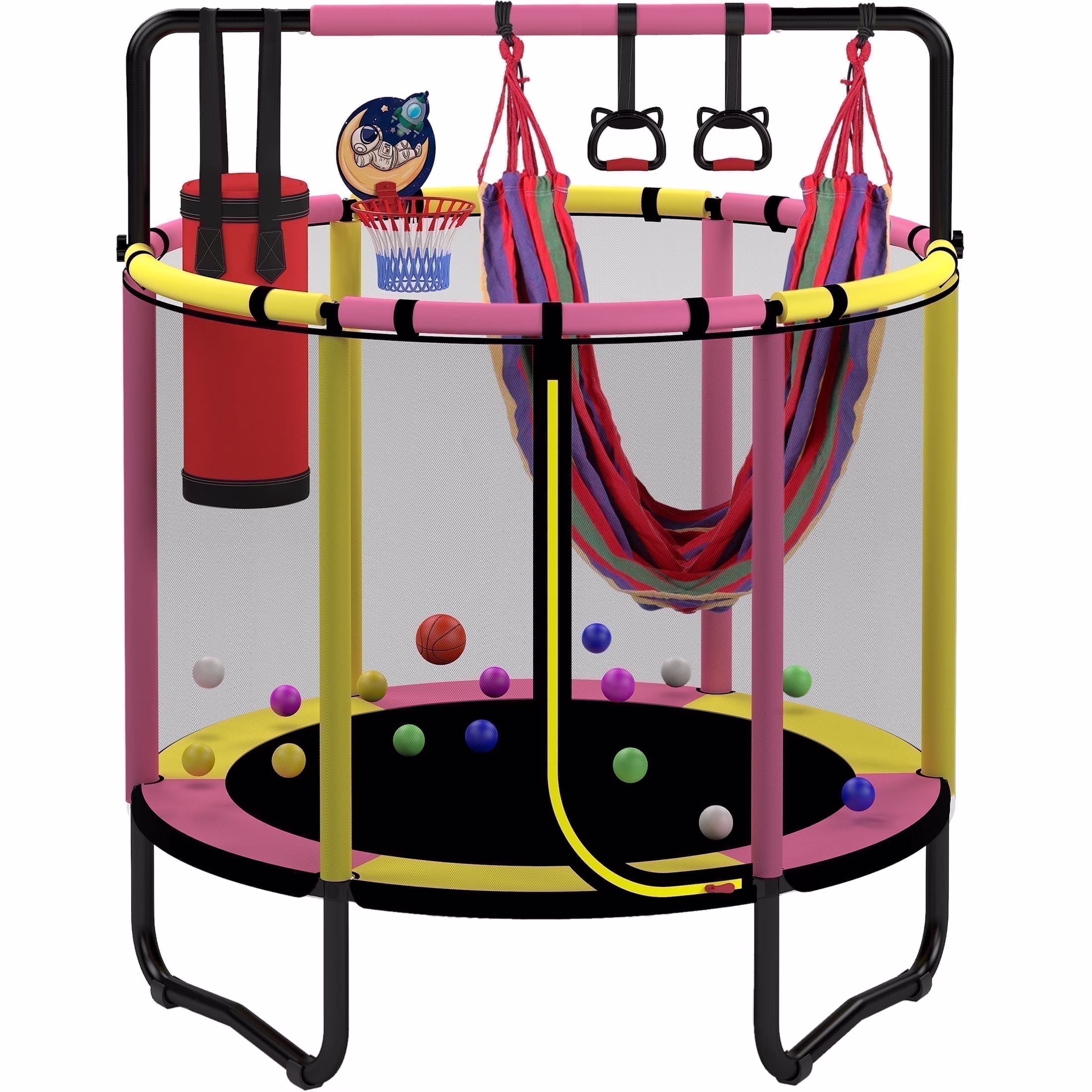 Mini Round Trampoline for Kids with Basketball Hoop, SEGMART 55'' Indoor Outdoor Toddler Trampoline with Enclosure Net, Swing, Sandbag, Ring, Ocean Balls, Small Trampoline Gift for Boys Girls, Blue - Image 3