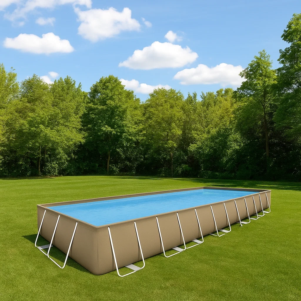 Piscina tubular rectangular,capacidad 18000 litros,PVC reforzado y acero,color beige/blanco,autoportante,piscina 732x366x132 cm - FYcsP4ylKvXG