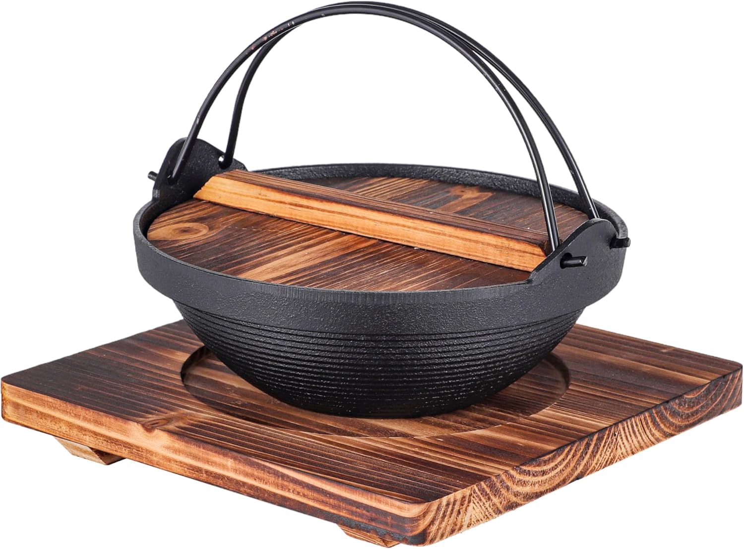 Japanese Style Sukiyaki Tetsu Pot Cast Iron Sukiyaki Pot with Wooden Lid and Trivet Hanging Stove Nabemono Hot Pot Home Use or Hiking Stove Pan Stockpot Wok for Outdoor (8