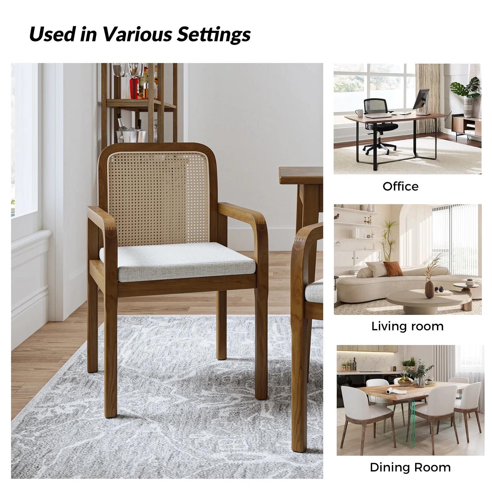 Rattan Dining Chairs Set of 2 Wooden Armchairs Removable Cushion Home Kitchen Restaurant Acorn - Image 8