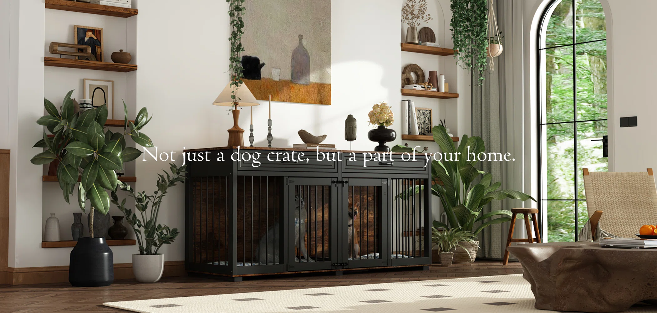 Large Dog Crate Furniture With 2 Drawers and Divider